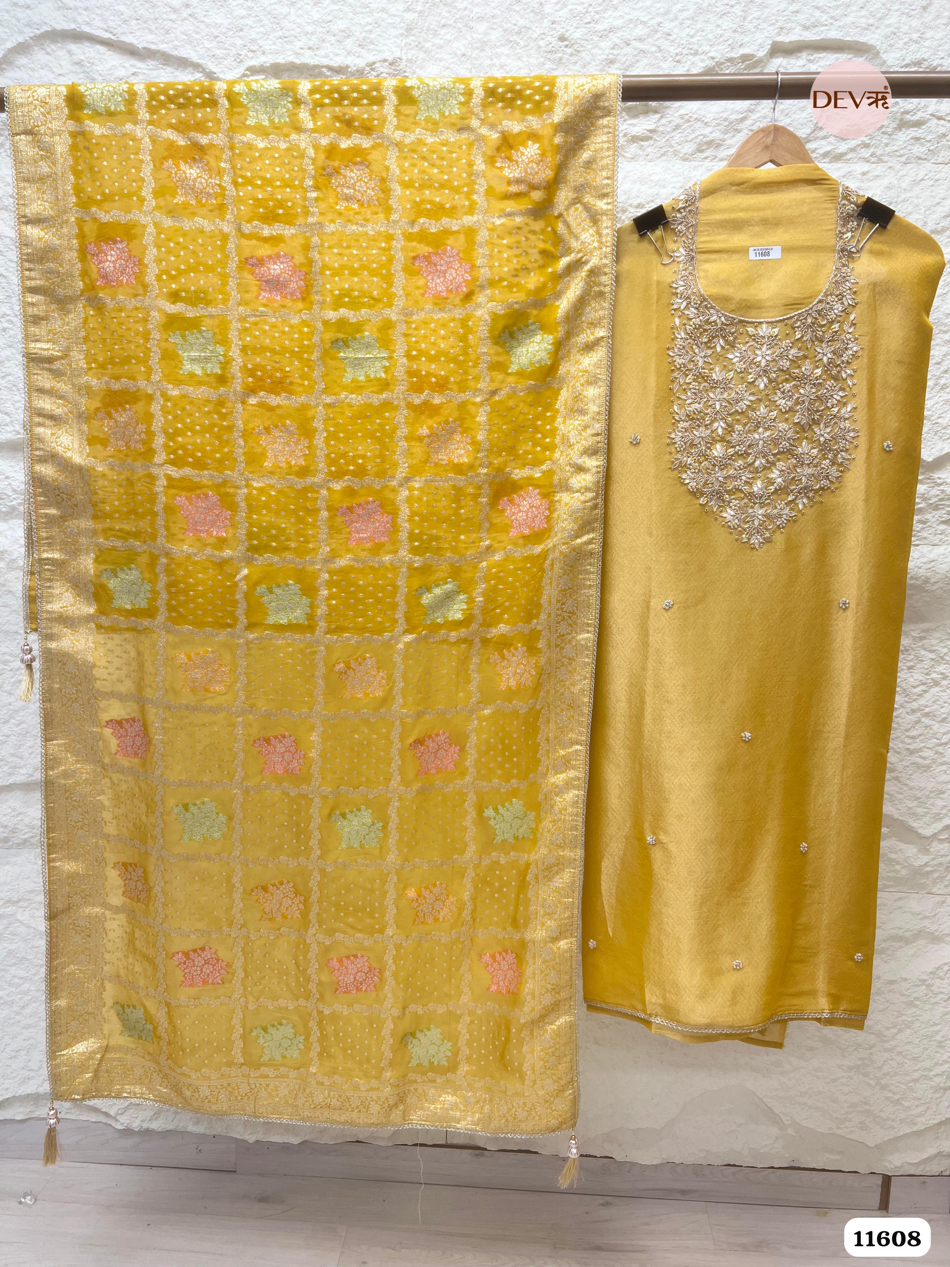 Yellow Pure Tissue Banarasi Silk Unstitched Hand Embroidered -Set Of 3 {11608}