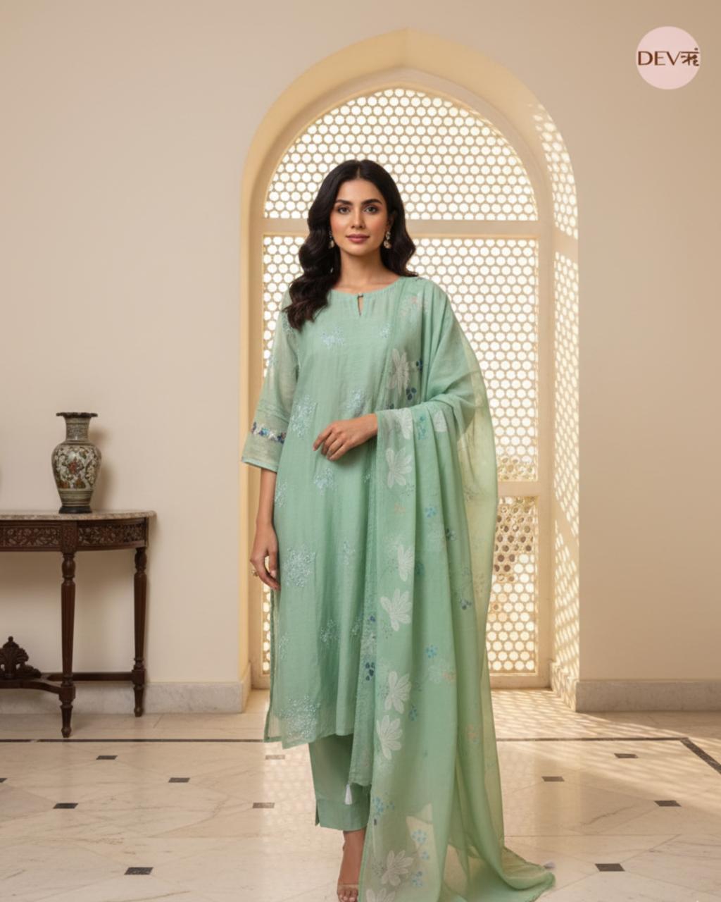 Noorina Mul Chanderi Pastel Green Embroidered 3-Piece Set (Devri – D.No 2035)