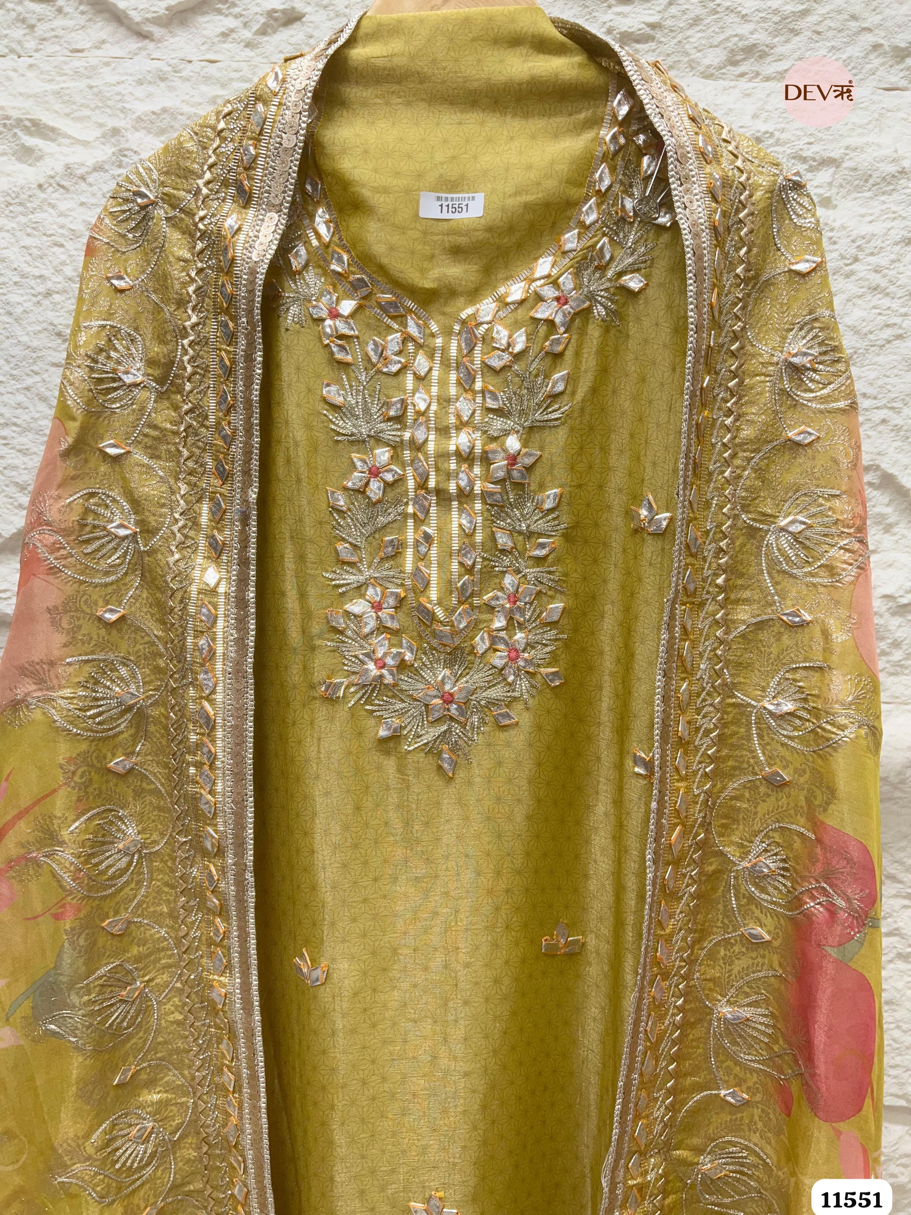Olive Green Pure Tissue Silk Unstitched Printed Hand Gota Embroidered -Set Of 3 {11551}