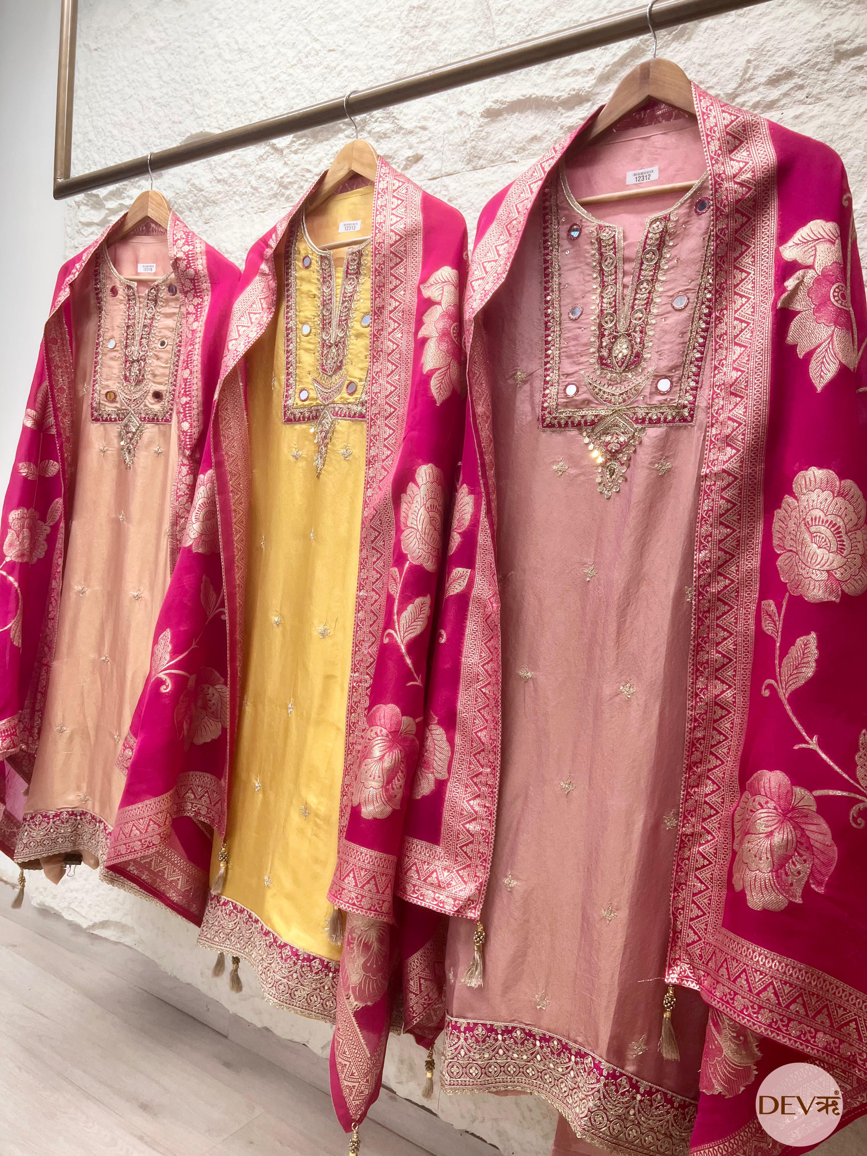 Mustard Yellow Shimmer Silk Embroidered Unstitched 3-Piece Suit (Devri – D.No 12313)