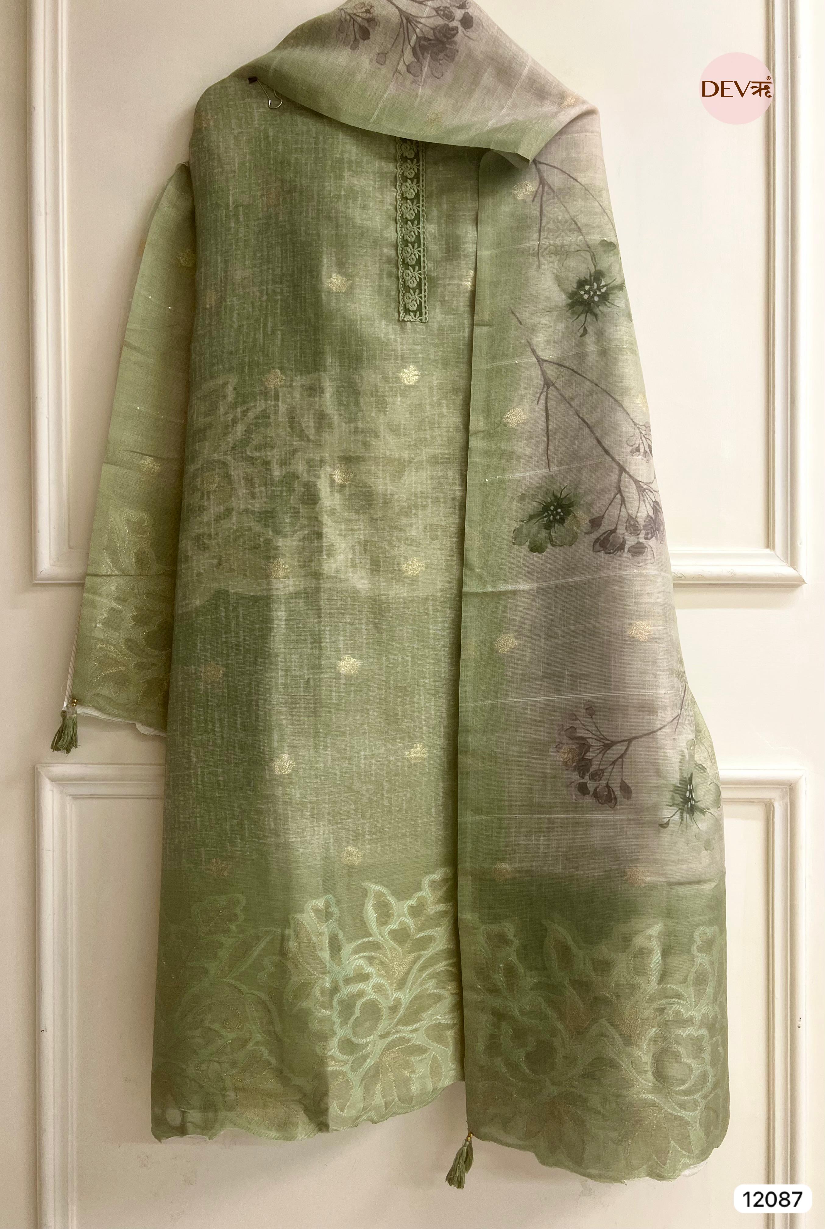 Green Pure Raw Unstitched Silk Thread Woven Embroidered -Set Of 3 - {12087}