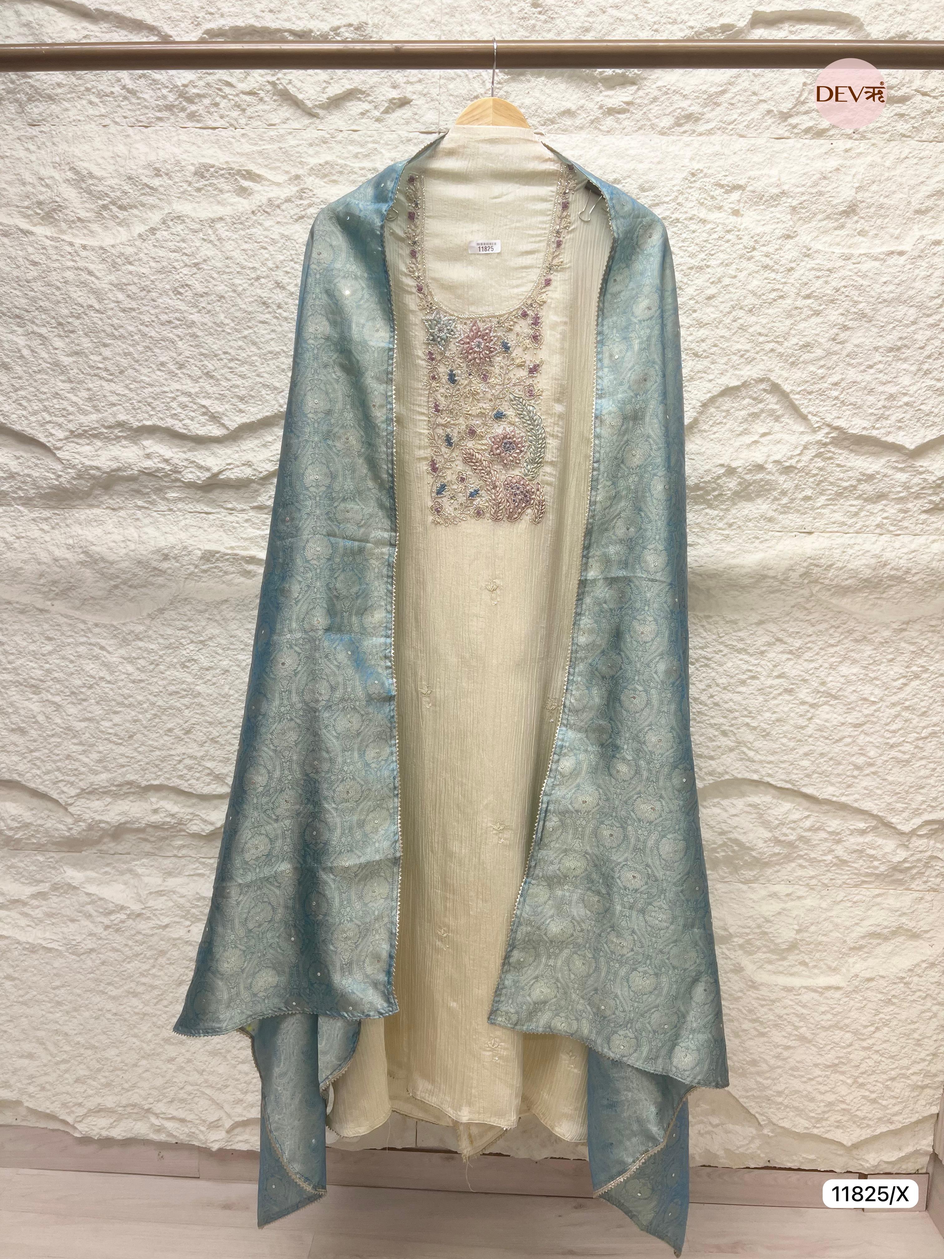 Off White Pure Tissue Crush Silk Unstitched Hand Embroidered -Set Of 3- {11825/X}