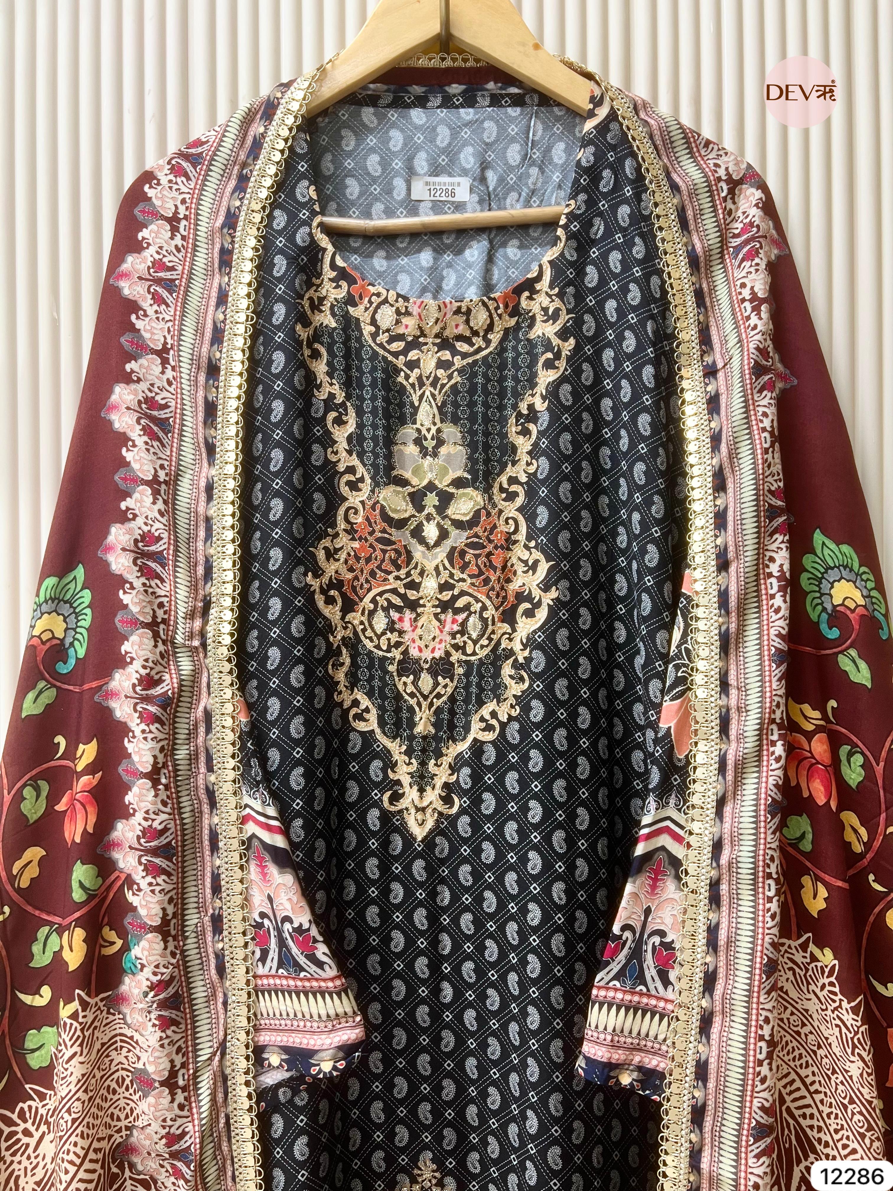 Black Muslin Printed Unstitched 3-Piece Suit (Devri – D.No 12286)