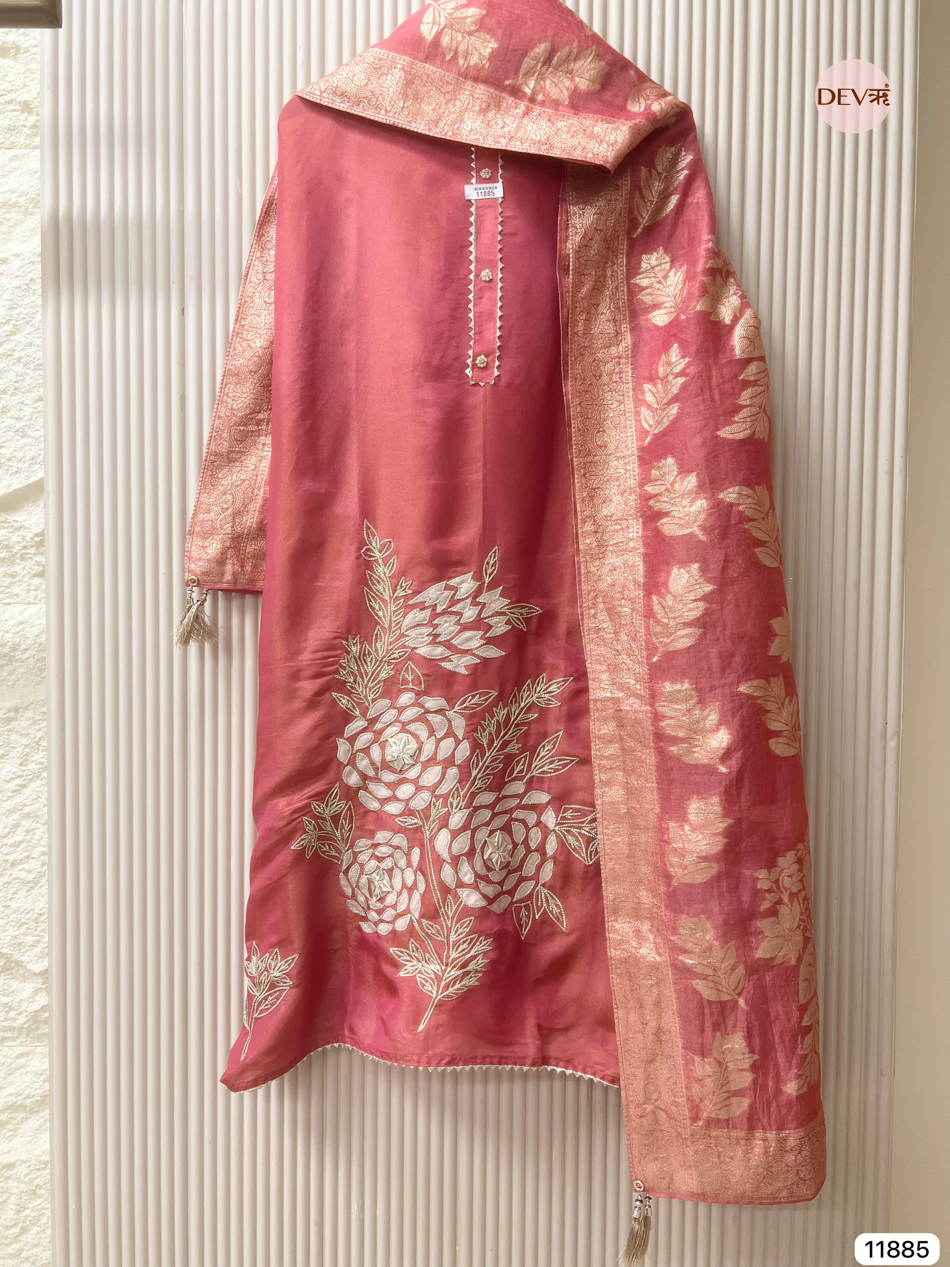 Pink Tissue Shimmer Silk Unstitched Hand Embroidered -Set Of 3 - {11885}