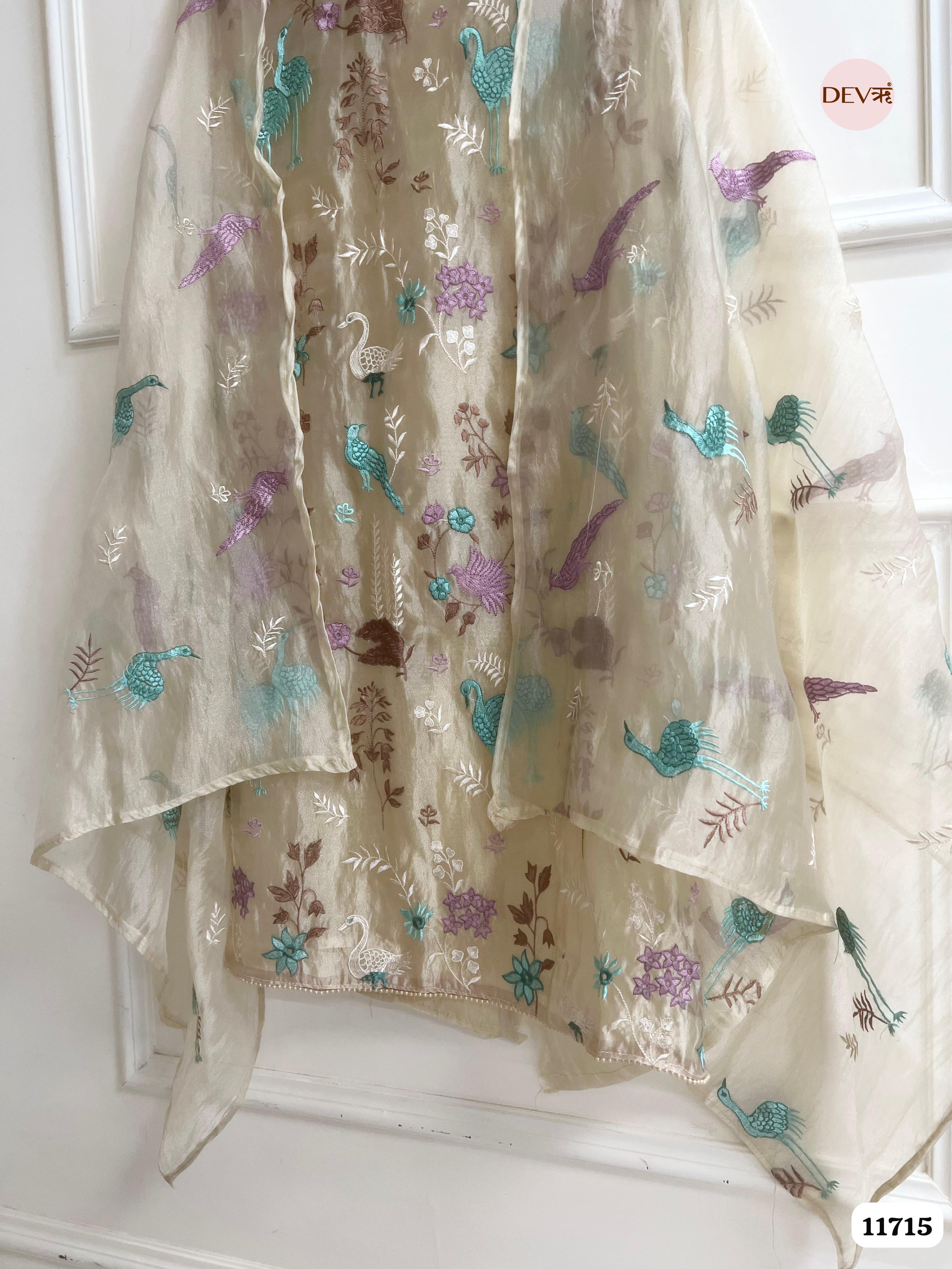 Beige Tissue Organza Silk Unstitched Embroidered -Set Of 3