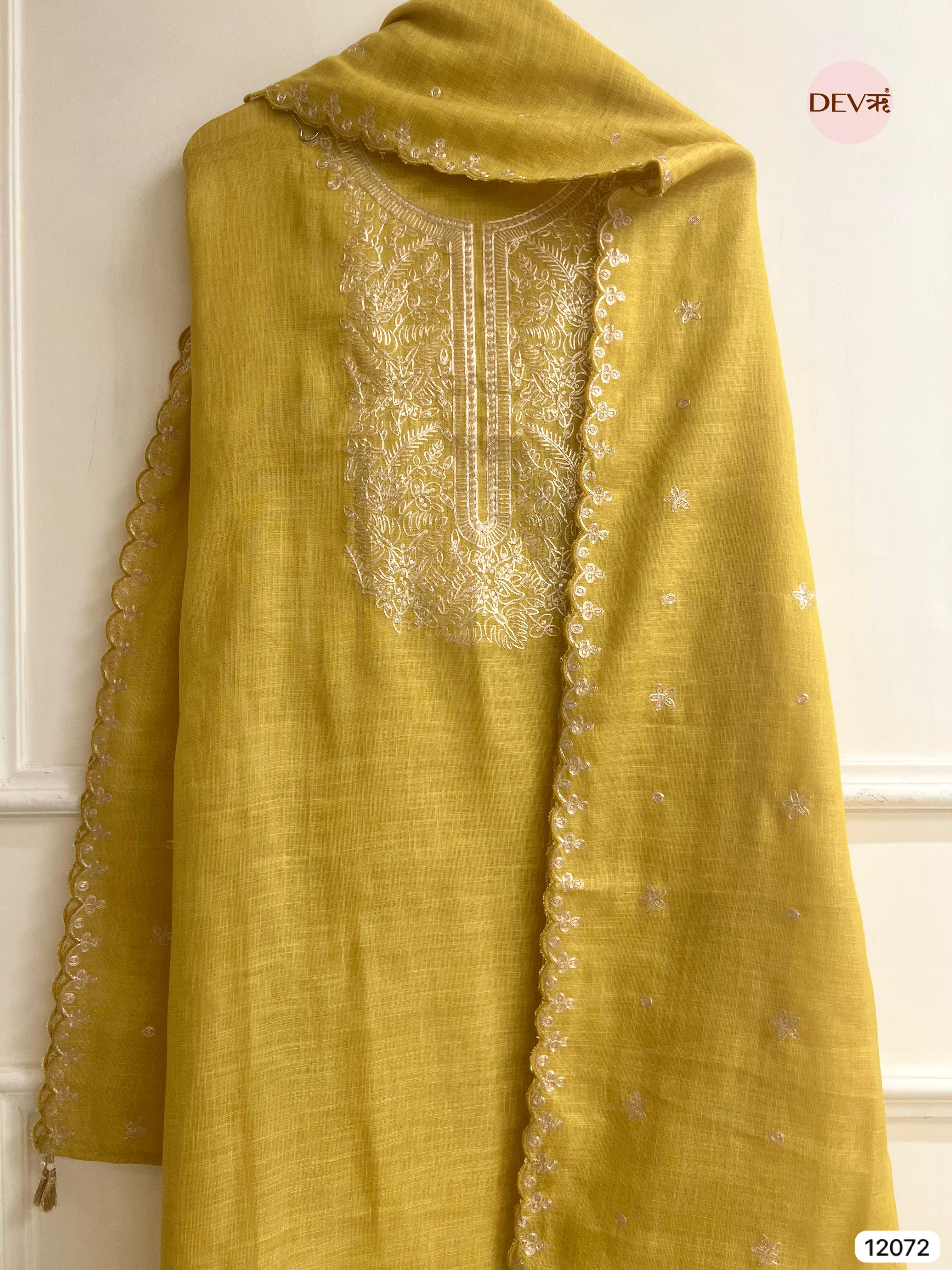 Yellow Pure Linen Unstitched Zardosi Embroidered -Set Of 3 - {12072}
