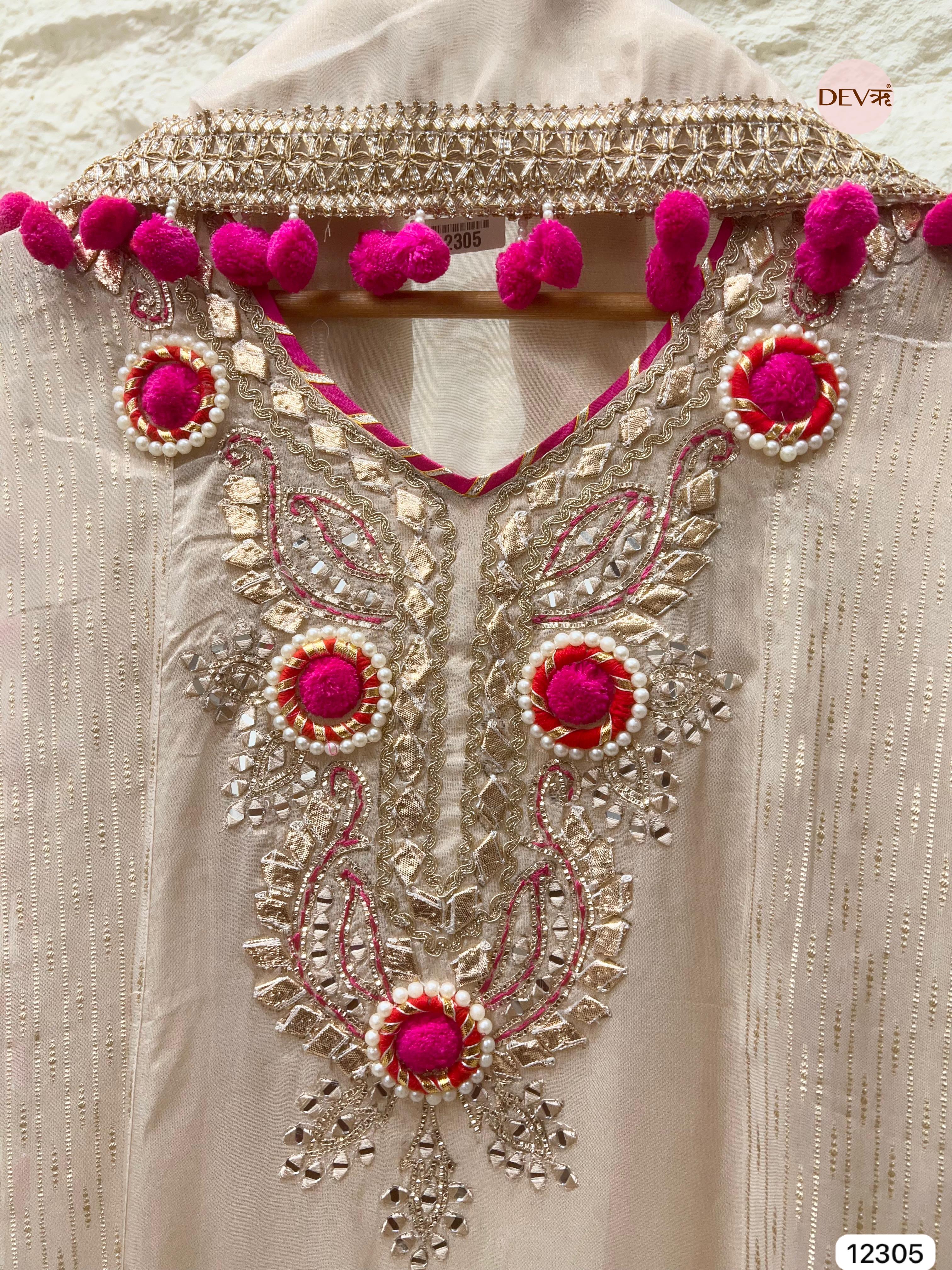 Ivory Pink Tissue Silk Embroidered Unstitched 3-Piece Suit (Devri – D.No 12305)