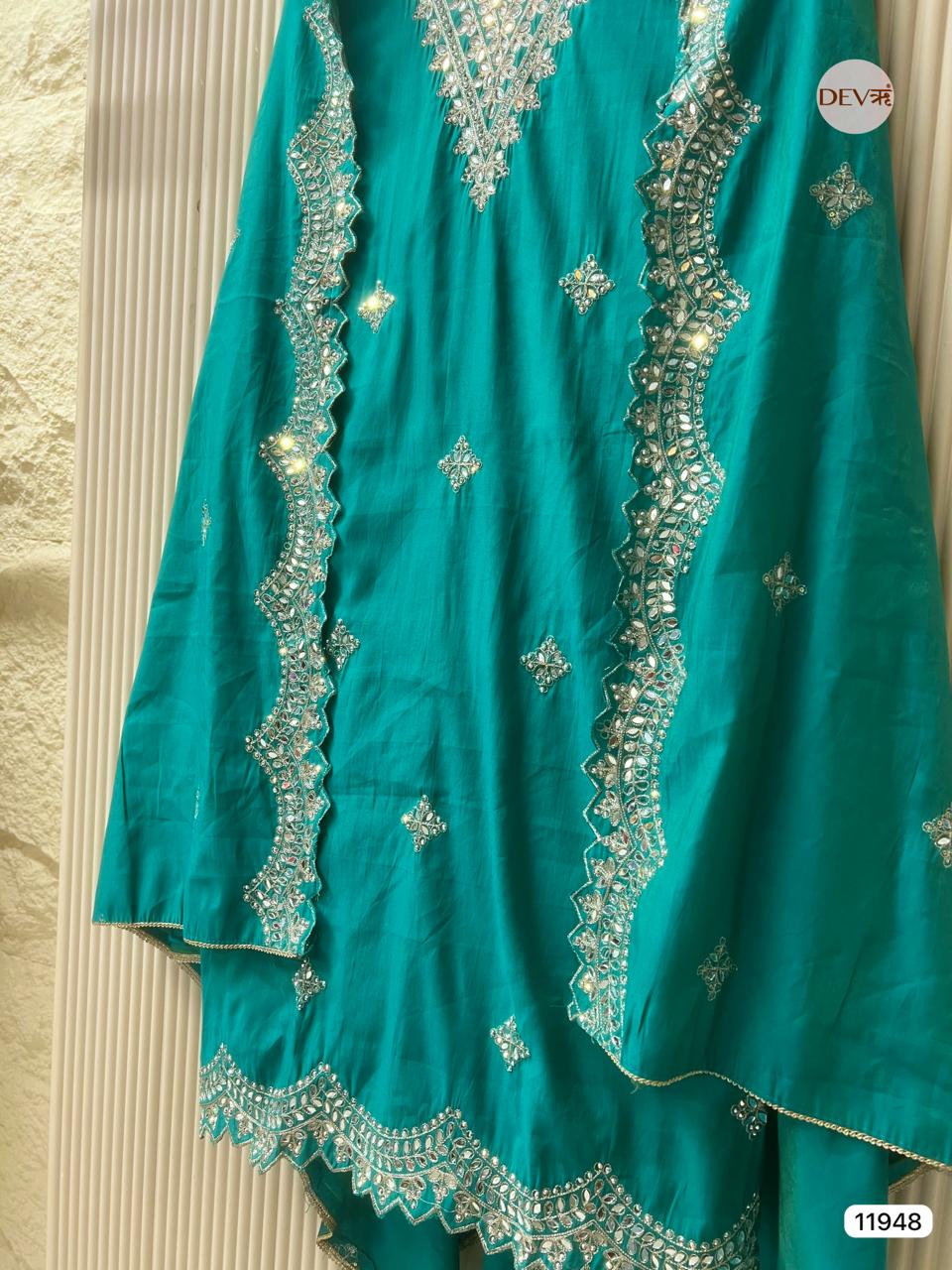 Greenish-Blue Modal Silk Unstitched Hand Embroidered -Set Of 3 - {11948}