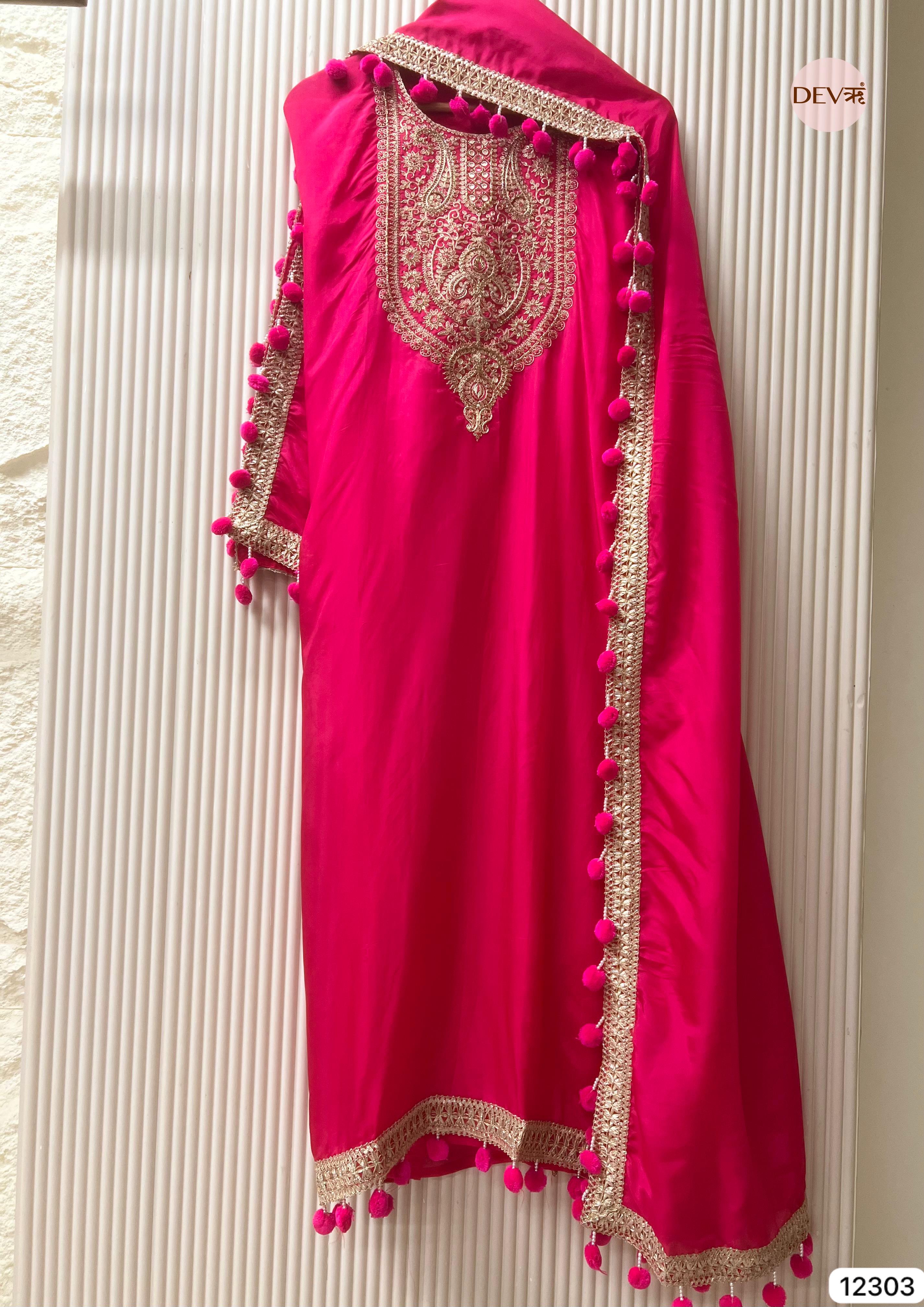 Rani Pink Glass Organza Embroidered Unstitched 3-Piece Suit (Devri – D.No 12303)