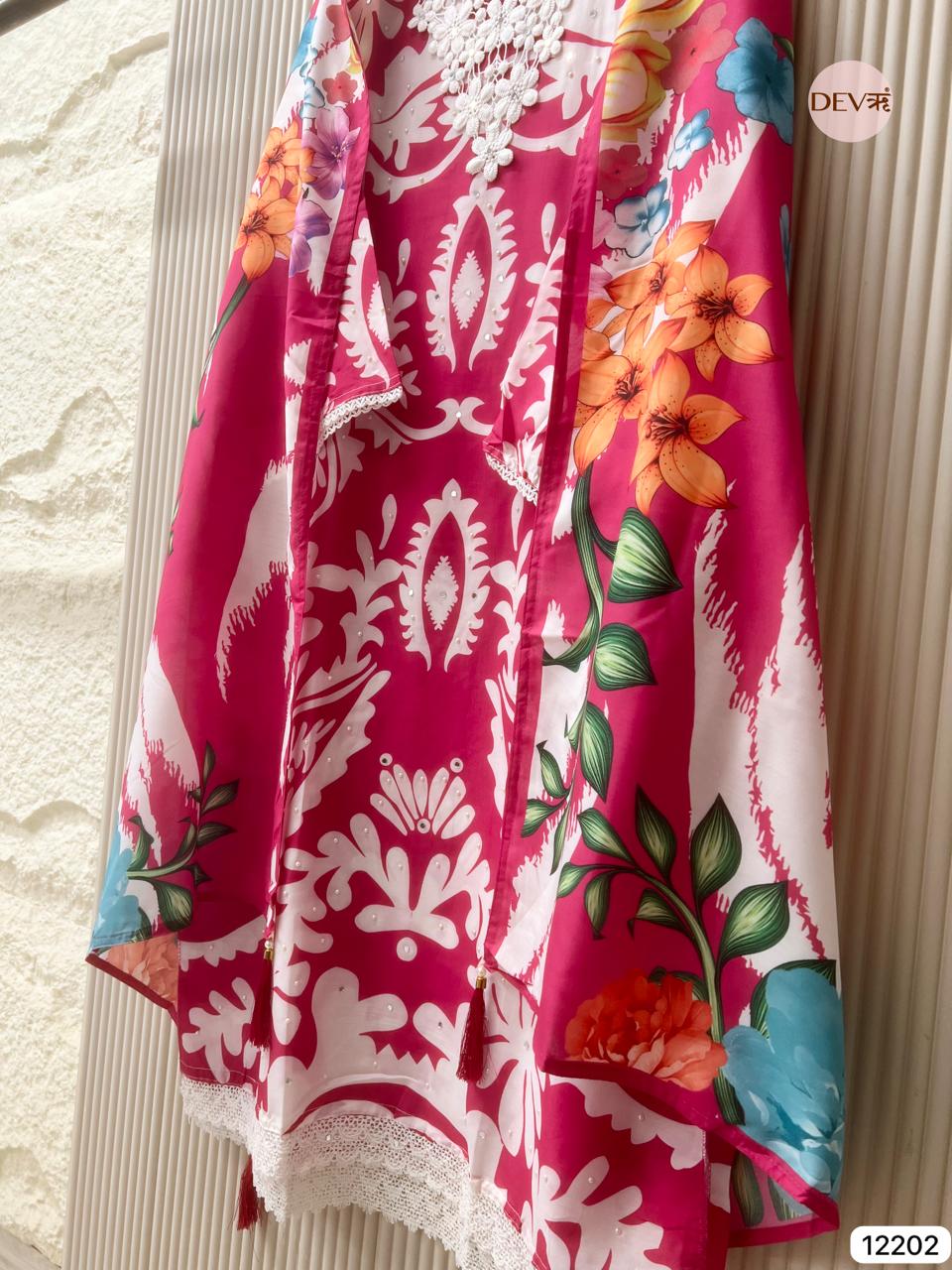 Pink Muslin Printed Unstitched 3-Piece Suit (Devri – D.No 12202)