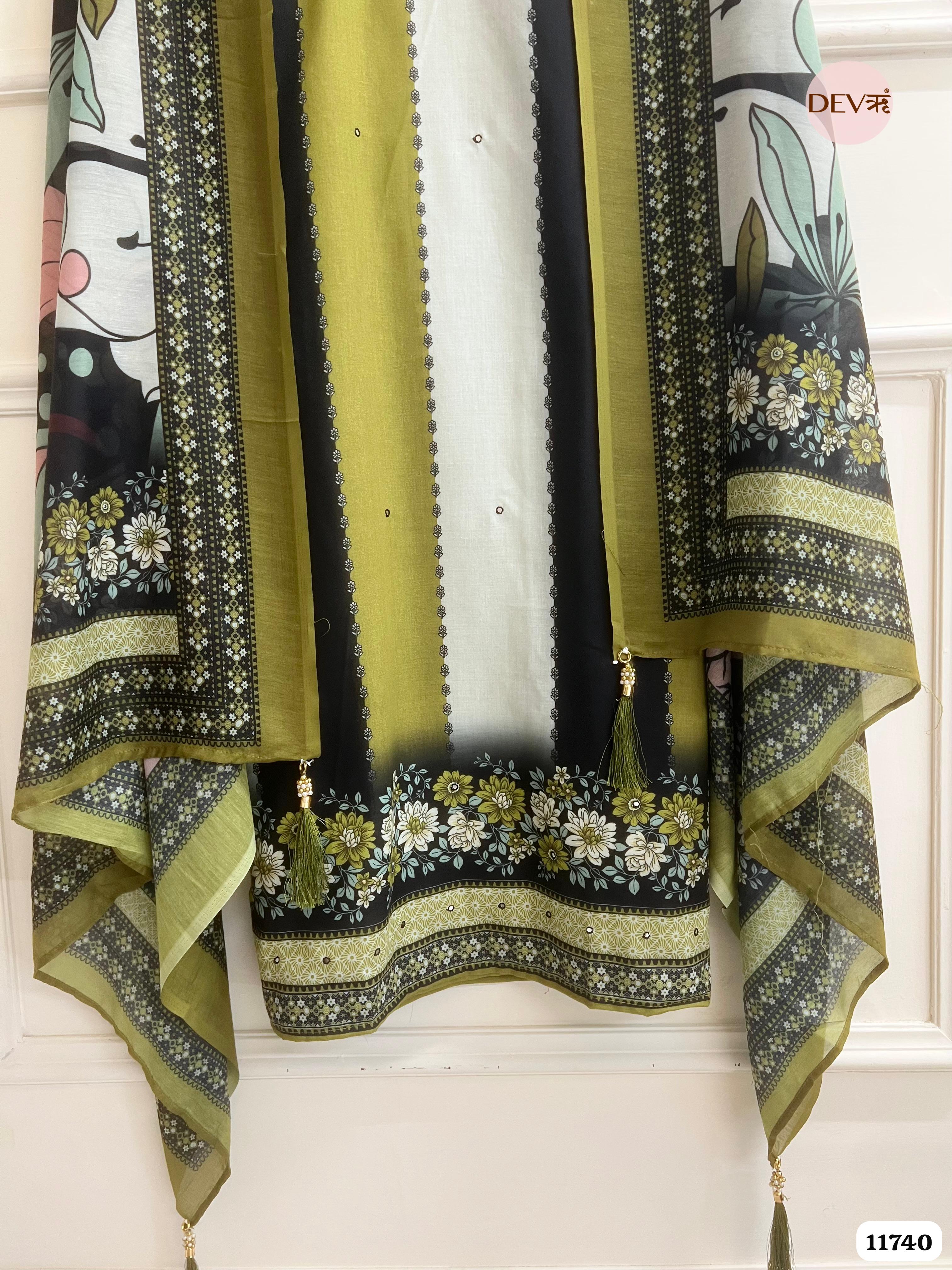 Multi Colour Cotton Unstitched Embroidered Printed -Set Of 3 {11740}