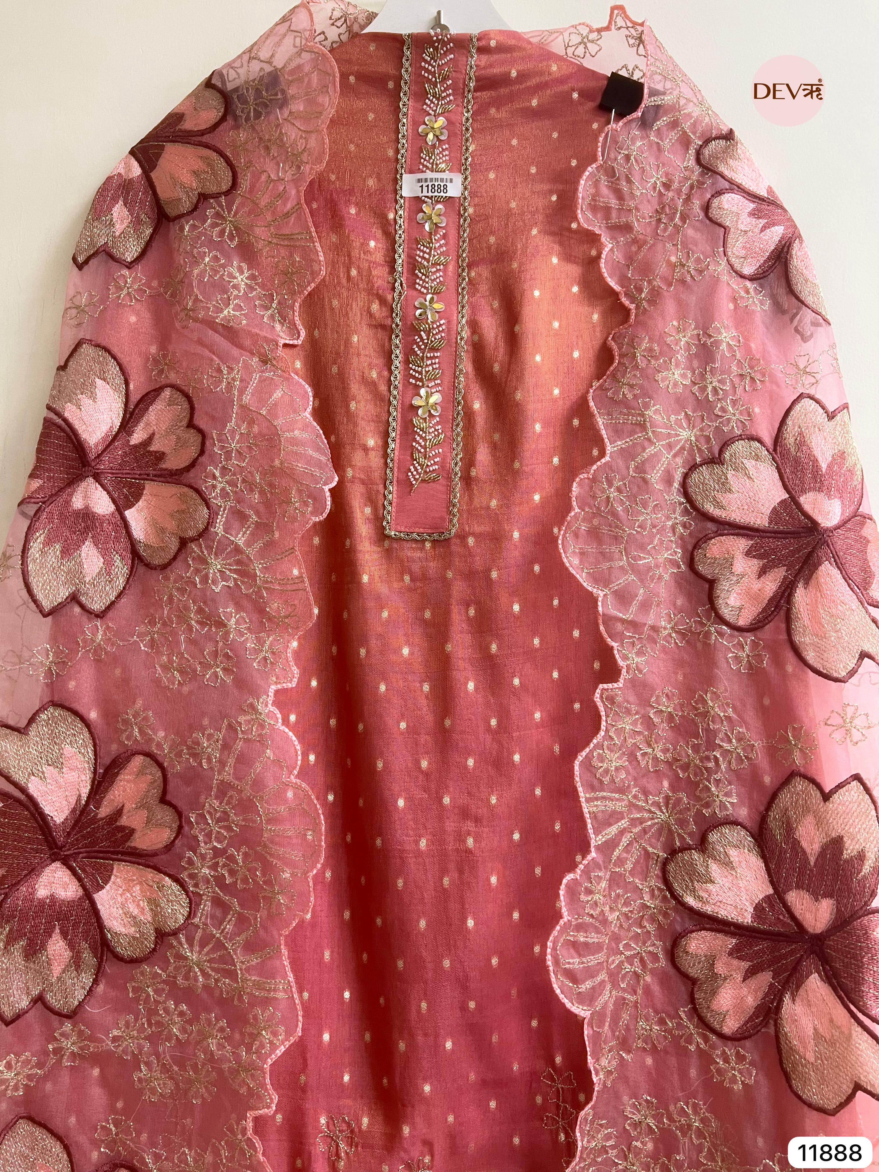 Peach-Pink Tissue Silk Unstitched Embroidered -Set Of 3 - {11888}