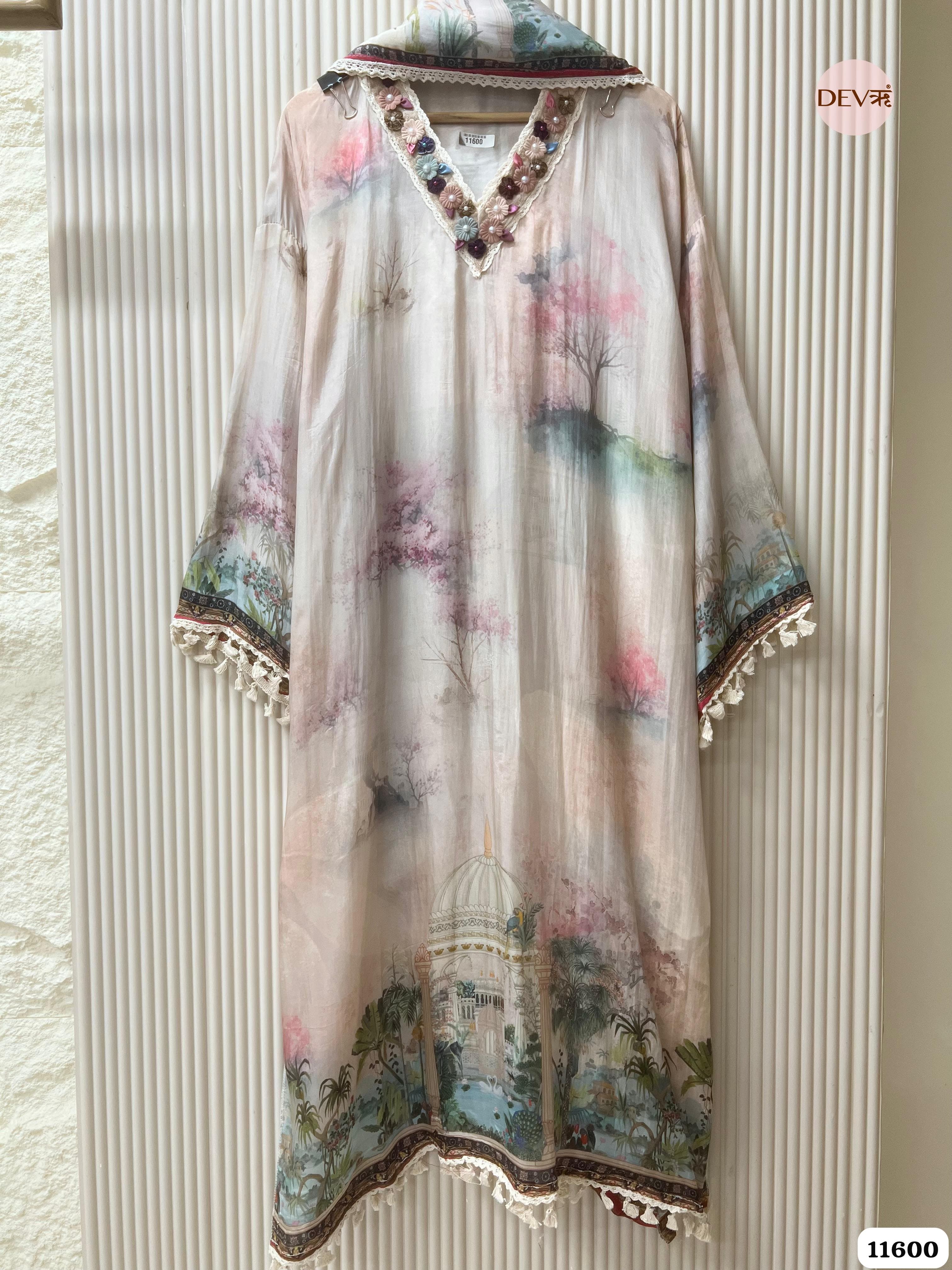 Light Multi Organza Silk Semi Stitched Printed Hand Embroidered -Set Of 3 {11600}