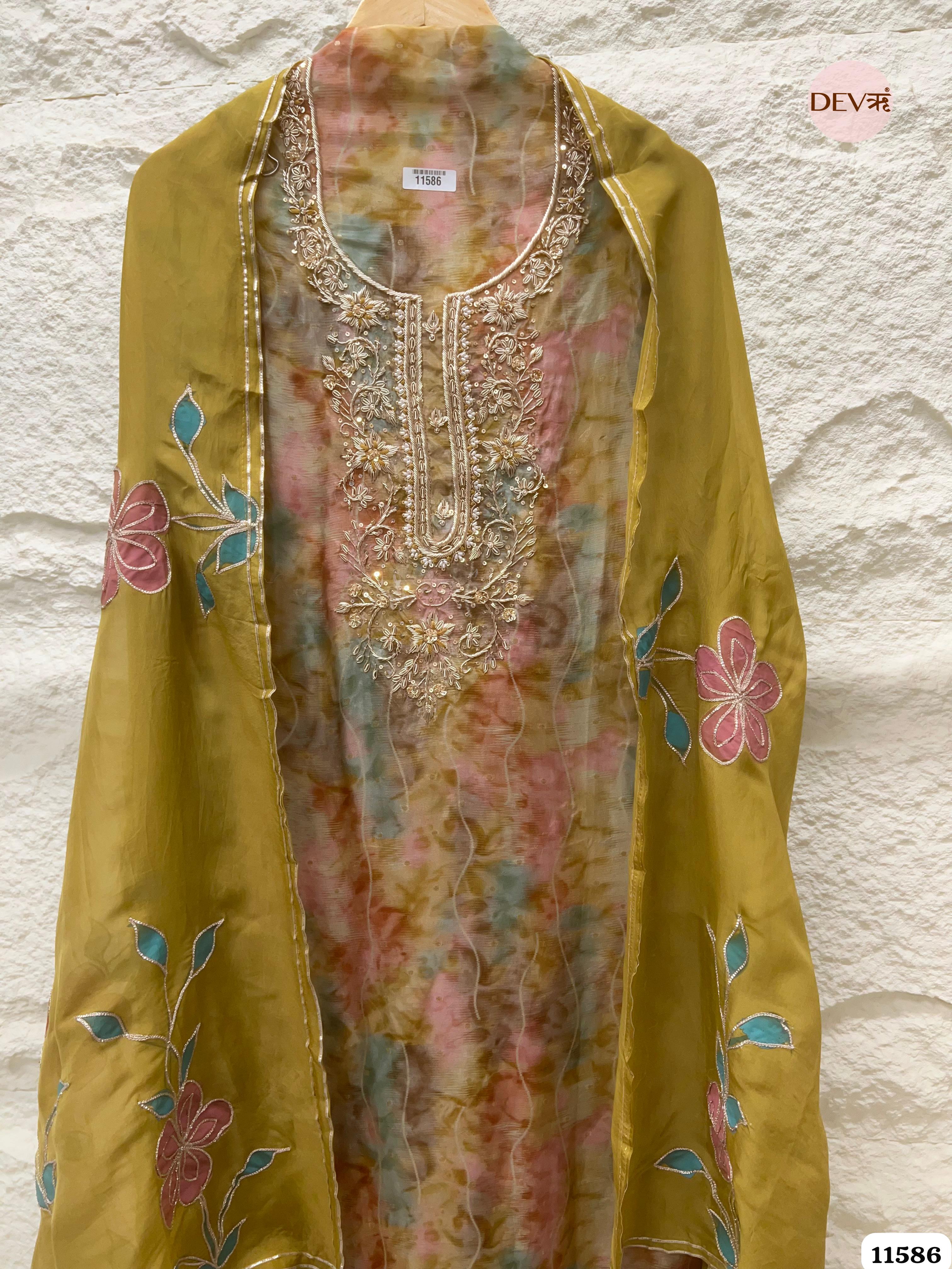 Olive Green Pure Organza Silk Printed Unstitched Hand Embroidered -Set Of 3 {11586}