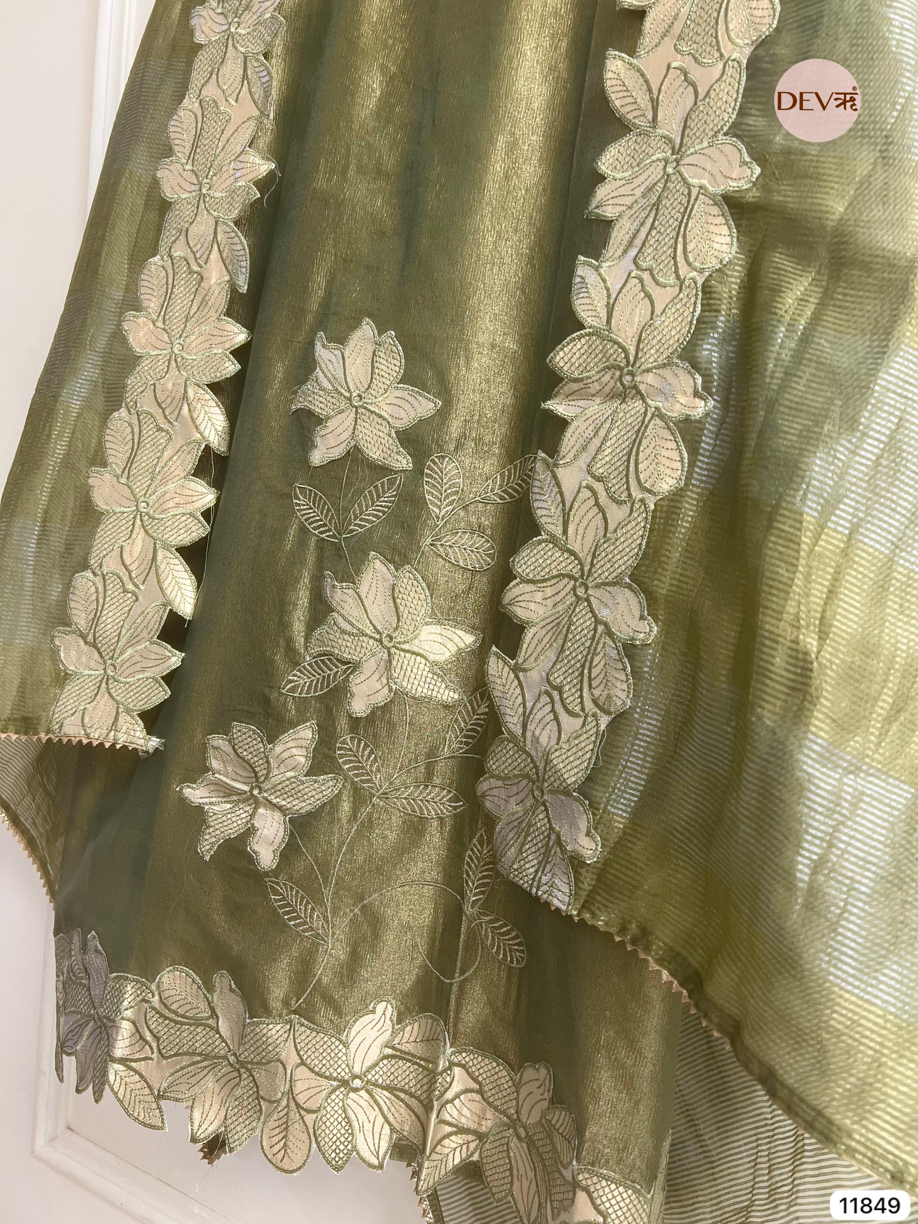 Green Tissue Silk Unstitched Embroidered -Set Of 3- {11849}