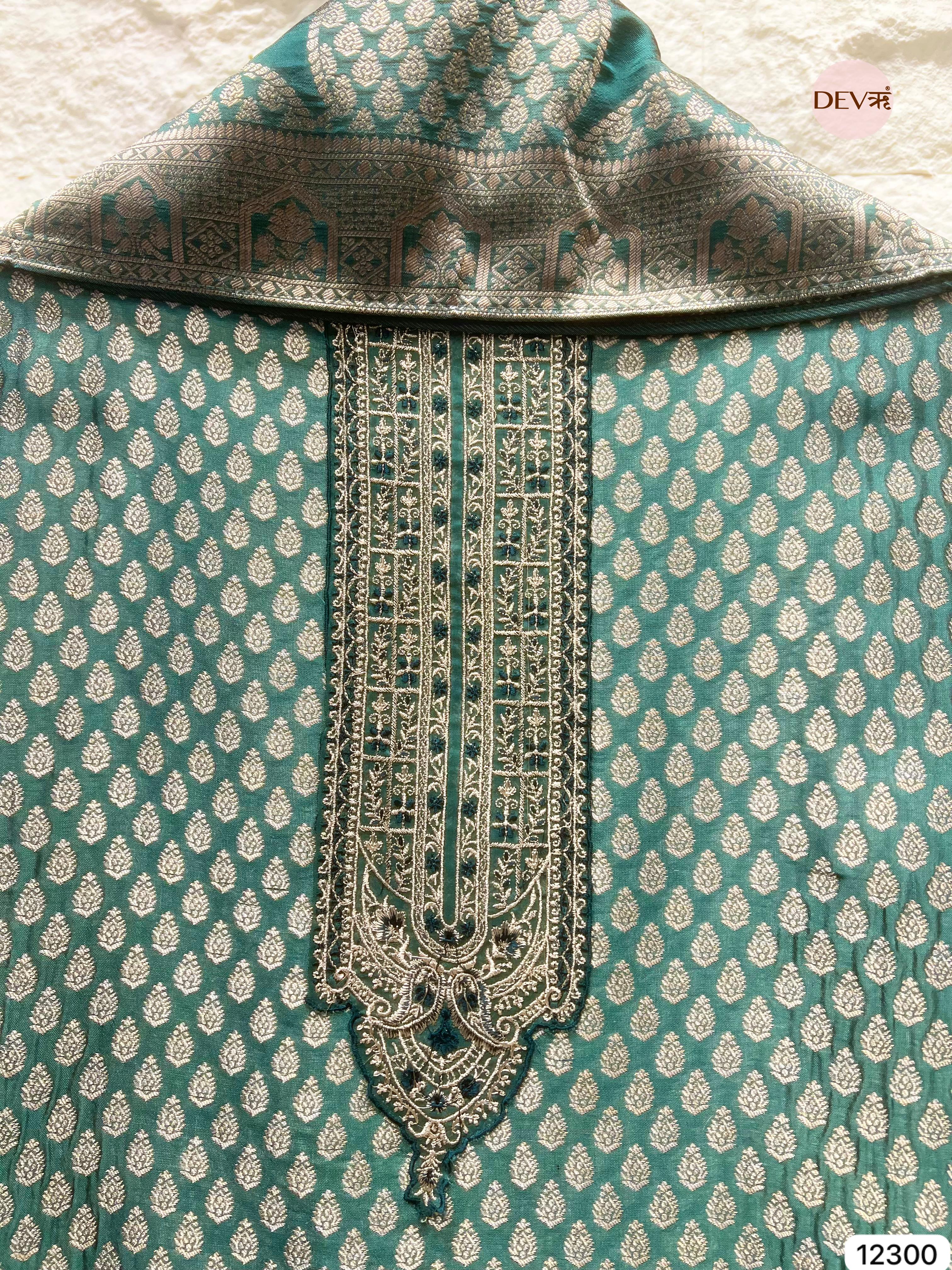 Teal Green Pure Banarasi Silk Woven Unstitched 3-Piece Suit (Devri – D.No 12300)