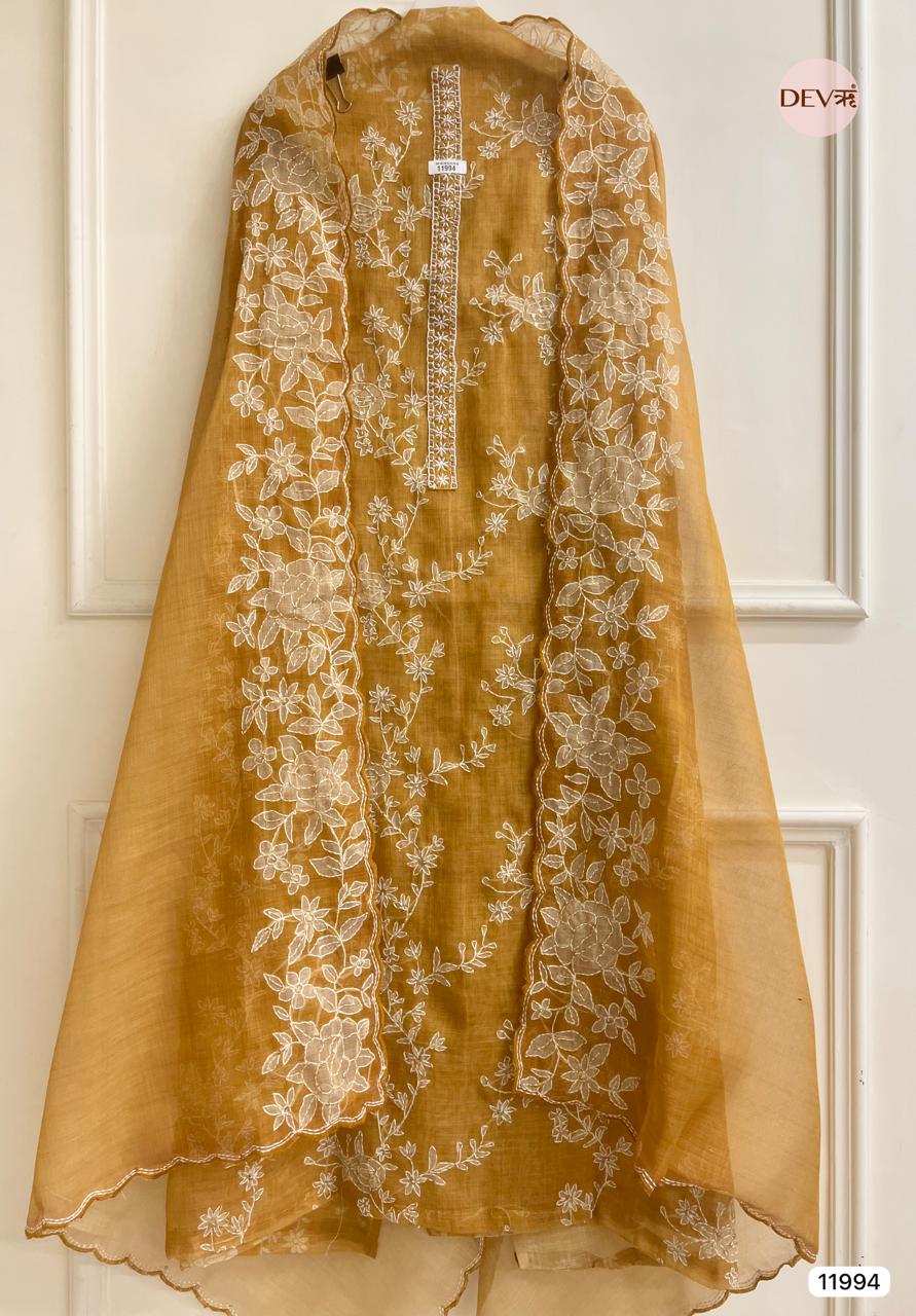 Yellow Pure Mul Linen Unstitched Embroidered -Set Of 3 - {11994}