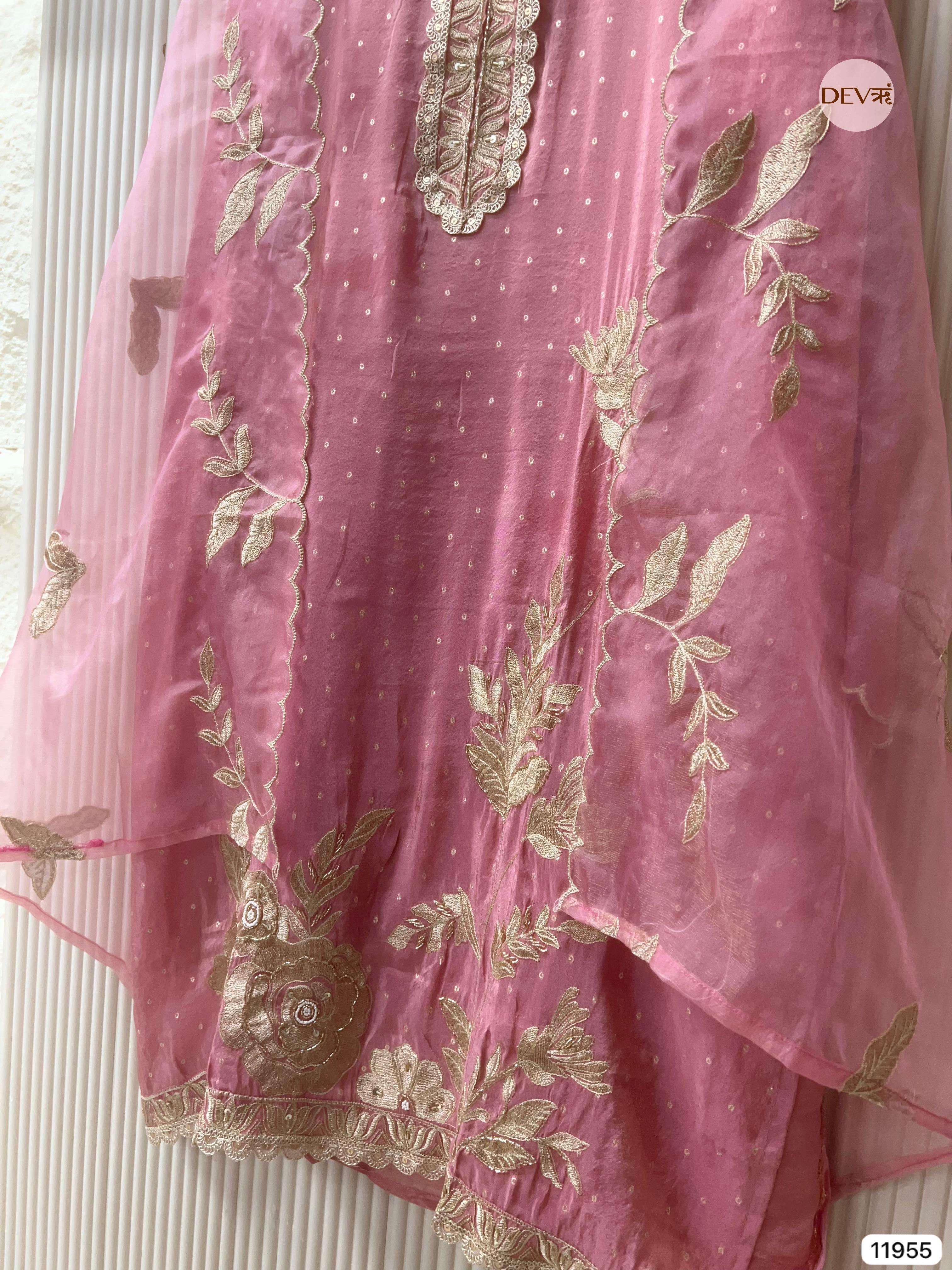 Pink Tissue Silk Unstitched Banarasi Weave Embroidered -Set Of 3 - {11955}