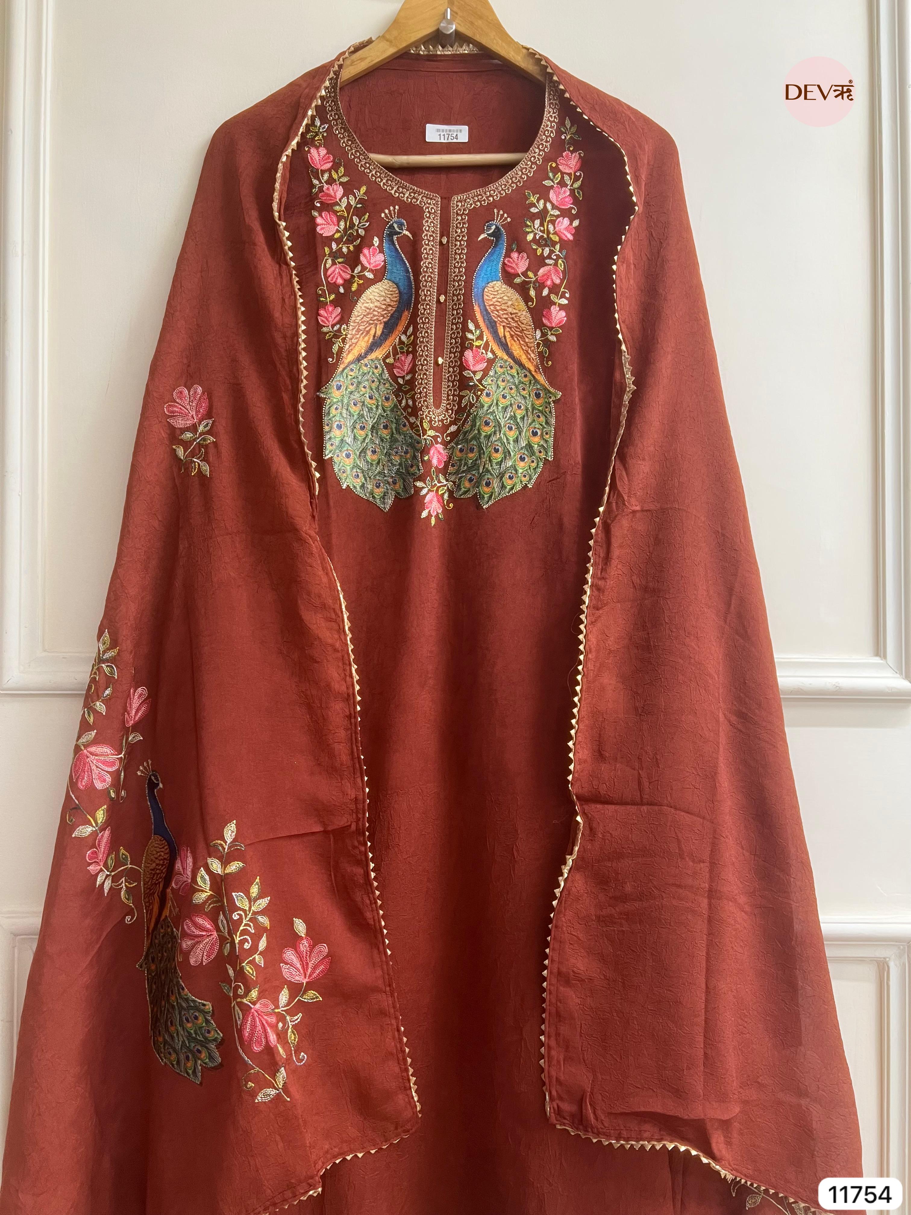 Maroon Russian Silk Unstitched Hand Applique Work Embroidered -Set Of 3 - {11754}