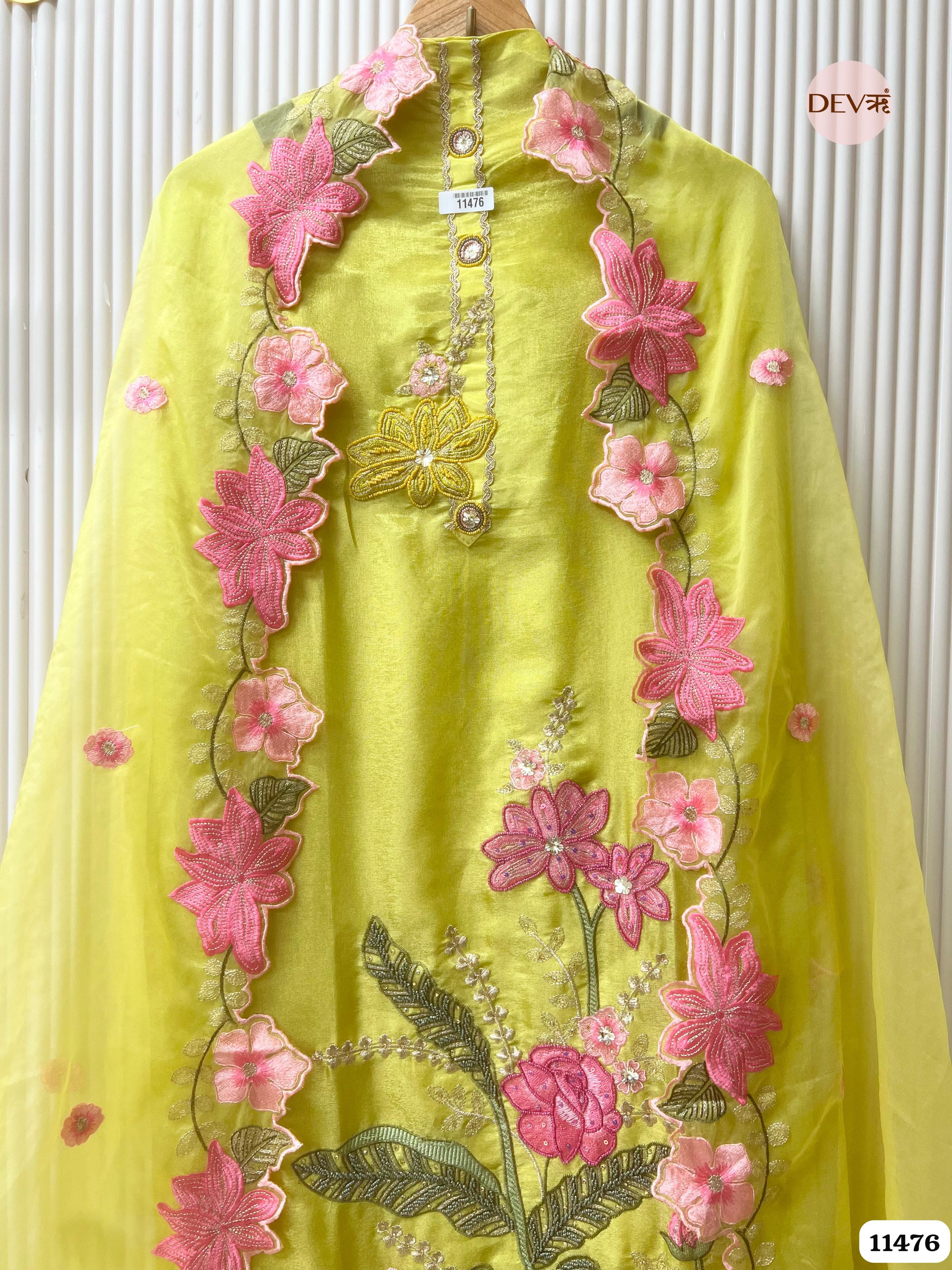 Lime Green Tissue Silk Unstitched Hand Embroidered -Set Of 3 {11476}