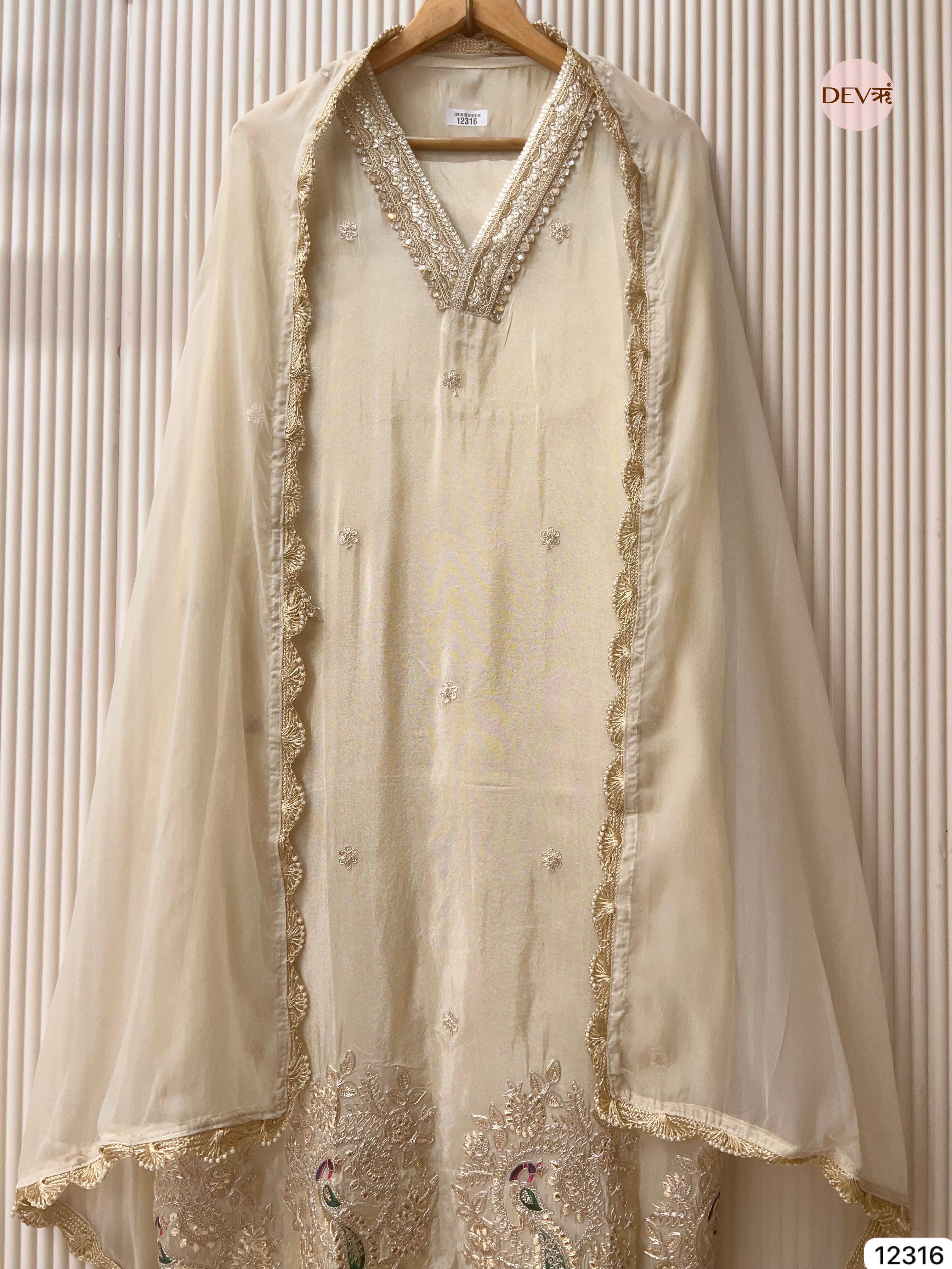 Ivory Shimmer Silk Embroidered Unstitched 3-Piece Suit (Devri – D.No 12316)