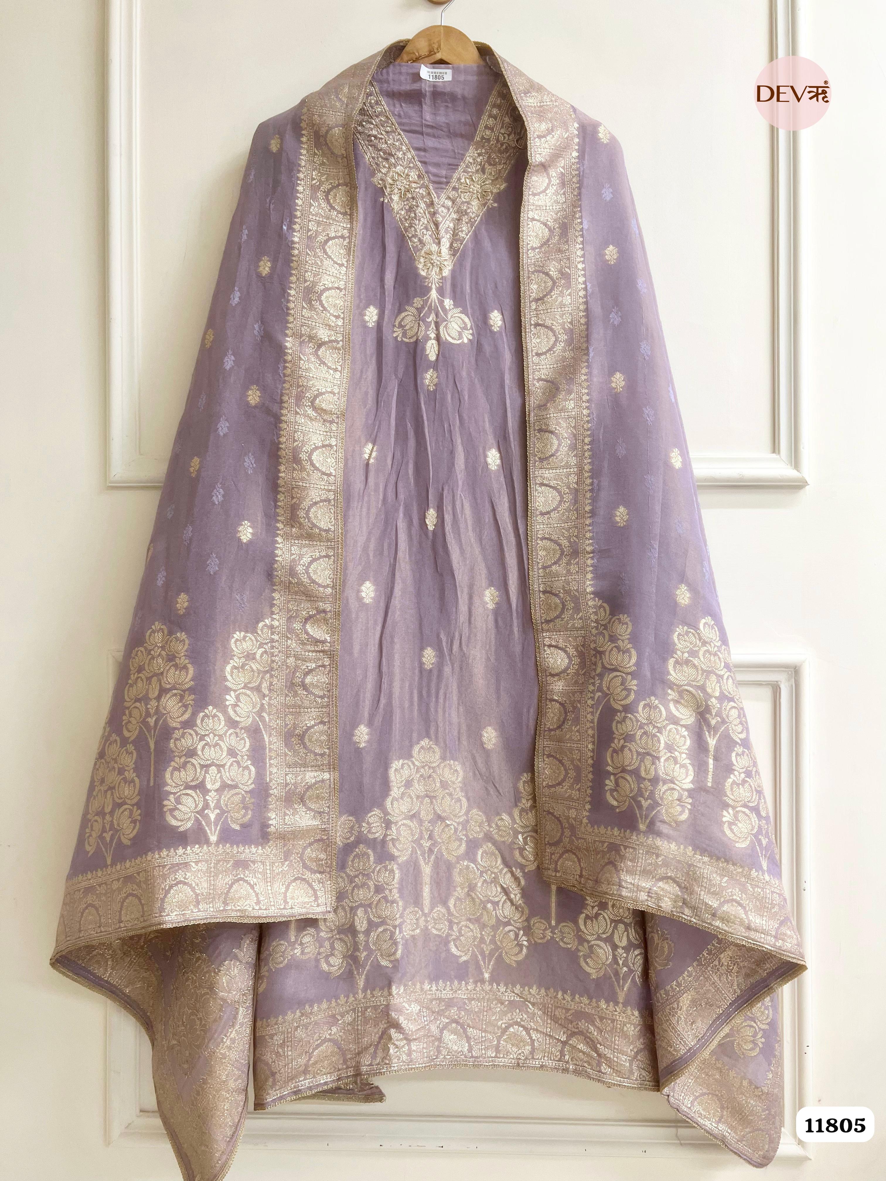 Purple Tissue Silk Unstitched Banarasi Weave Hand Embroidered -Set Of 3 {11805}