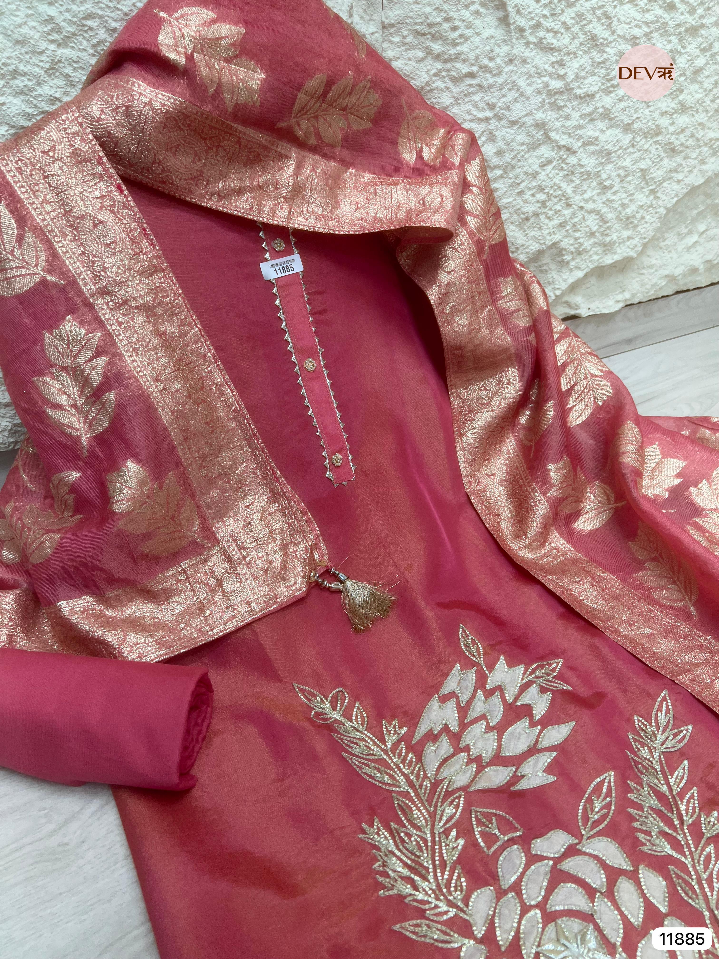 Pink Tissue Shimmer Silk Unstitched Hand Embroidered -Set Of 3 - {11885}