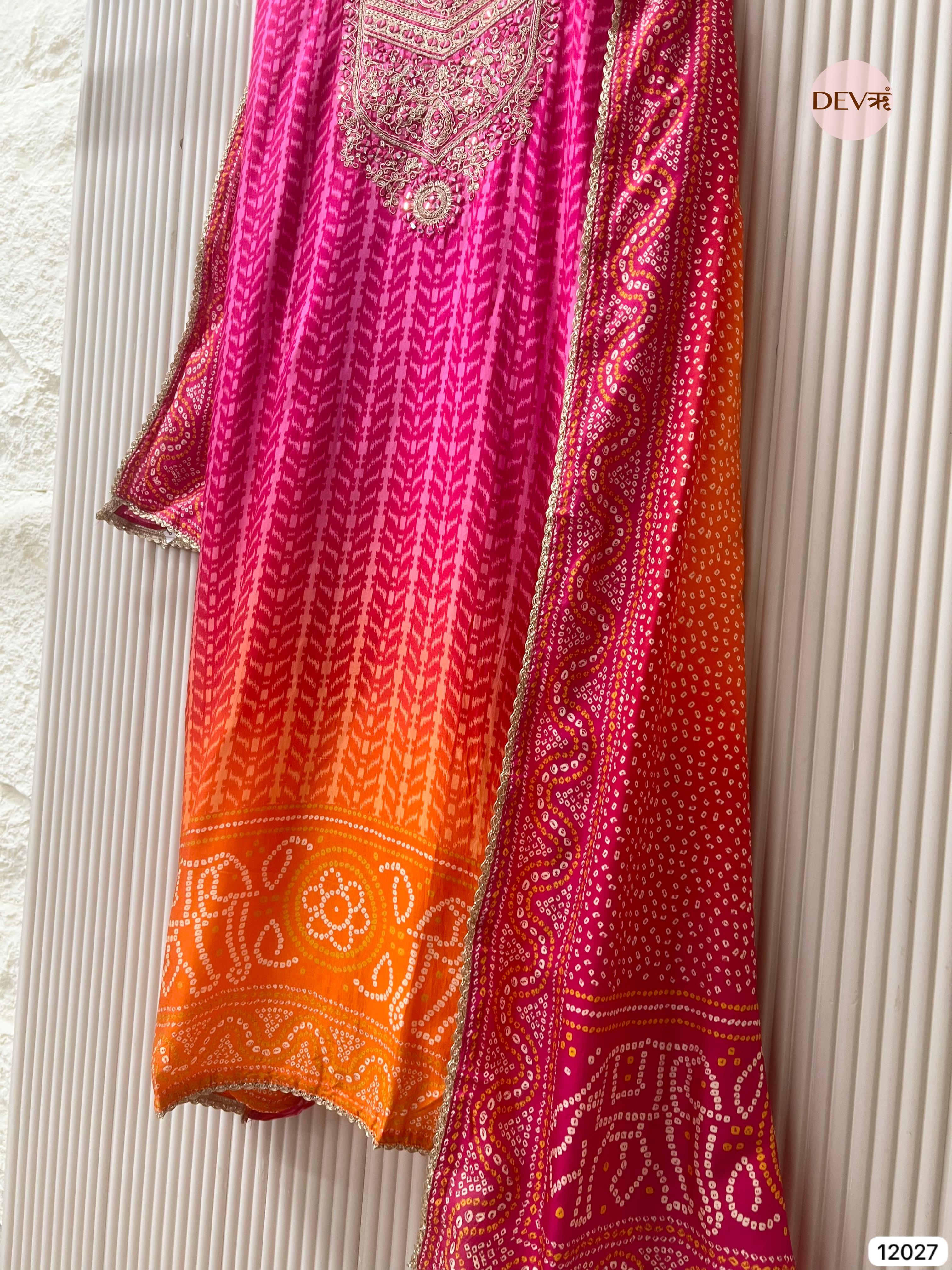 Pink Russian Silk Unstitched Printed Hand Embroidered -Set Of 3 - {12027}