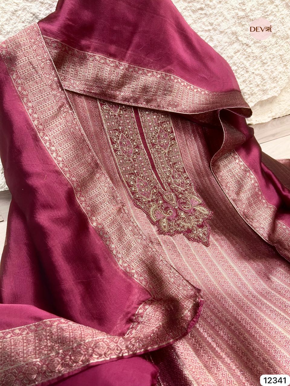 Wine Maroon Pure Banarasi Silk Woven Unstitched 3-Piece Suit (Devri – D.No 12341)