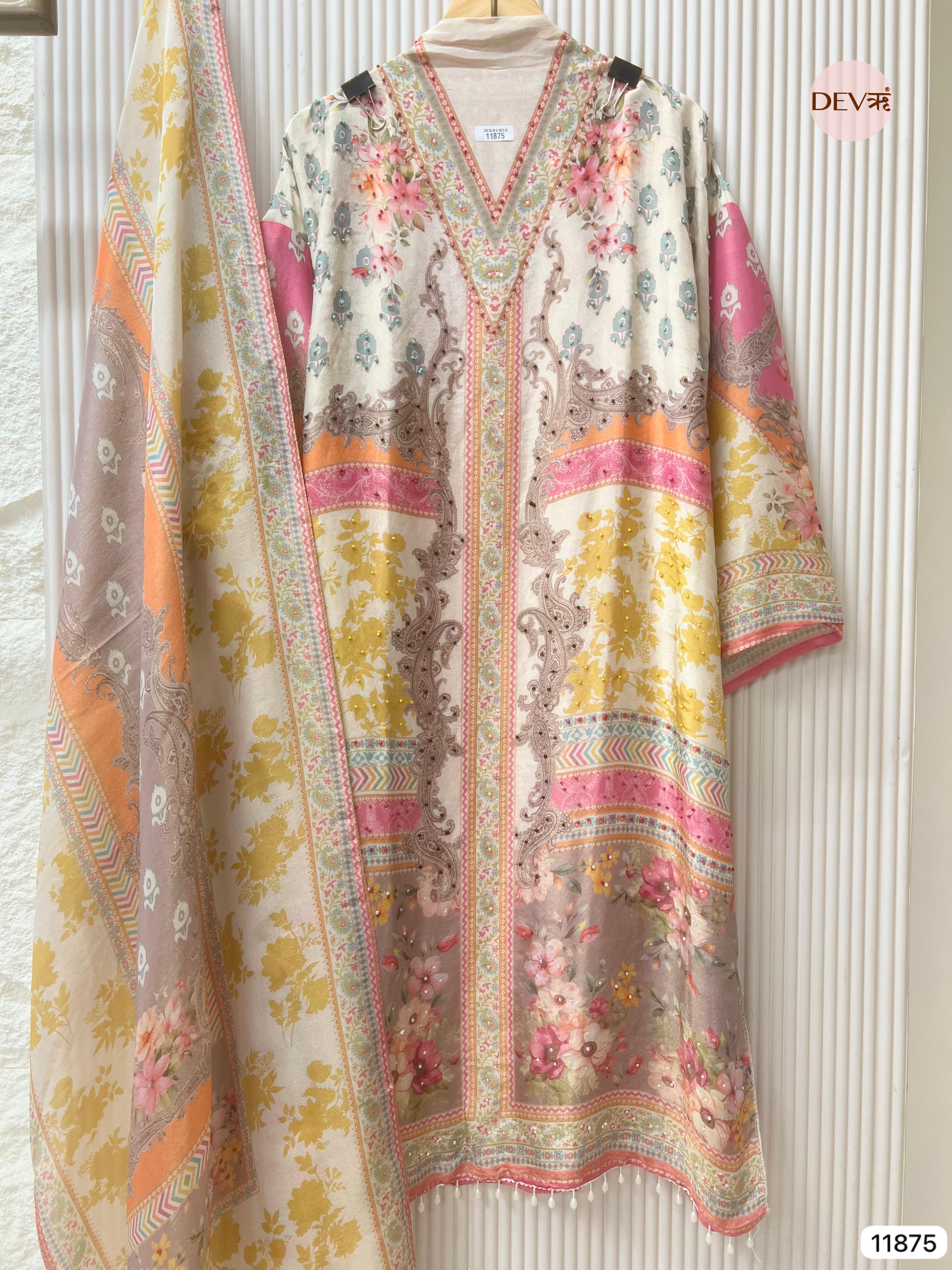 Multi Colour Tissue Shimmer Silk Semi Stitched Printed Hand Embroidered -Set Of 3 - {11875}