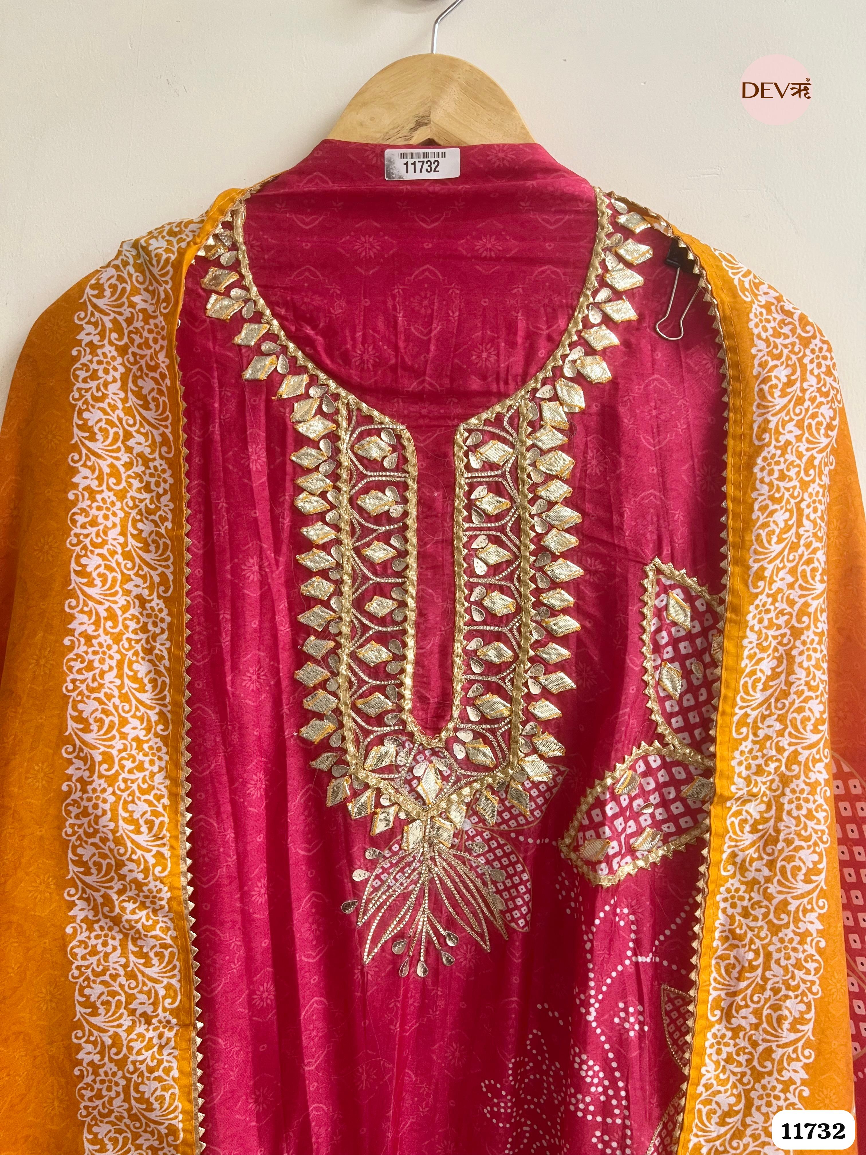 Rani Pink Russian Silk Semi Stitched Printed Hand Embroidered -Set Of 3- {11732}