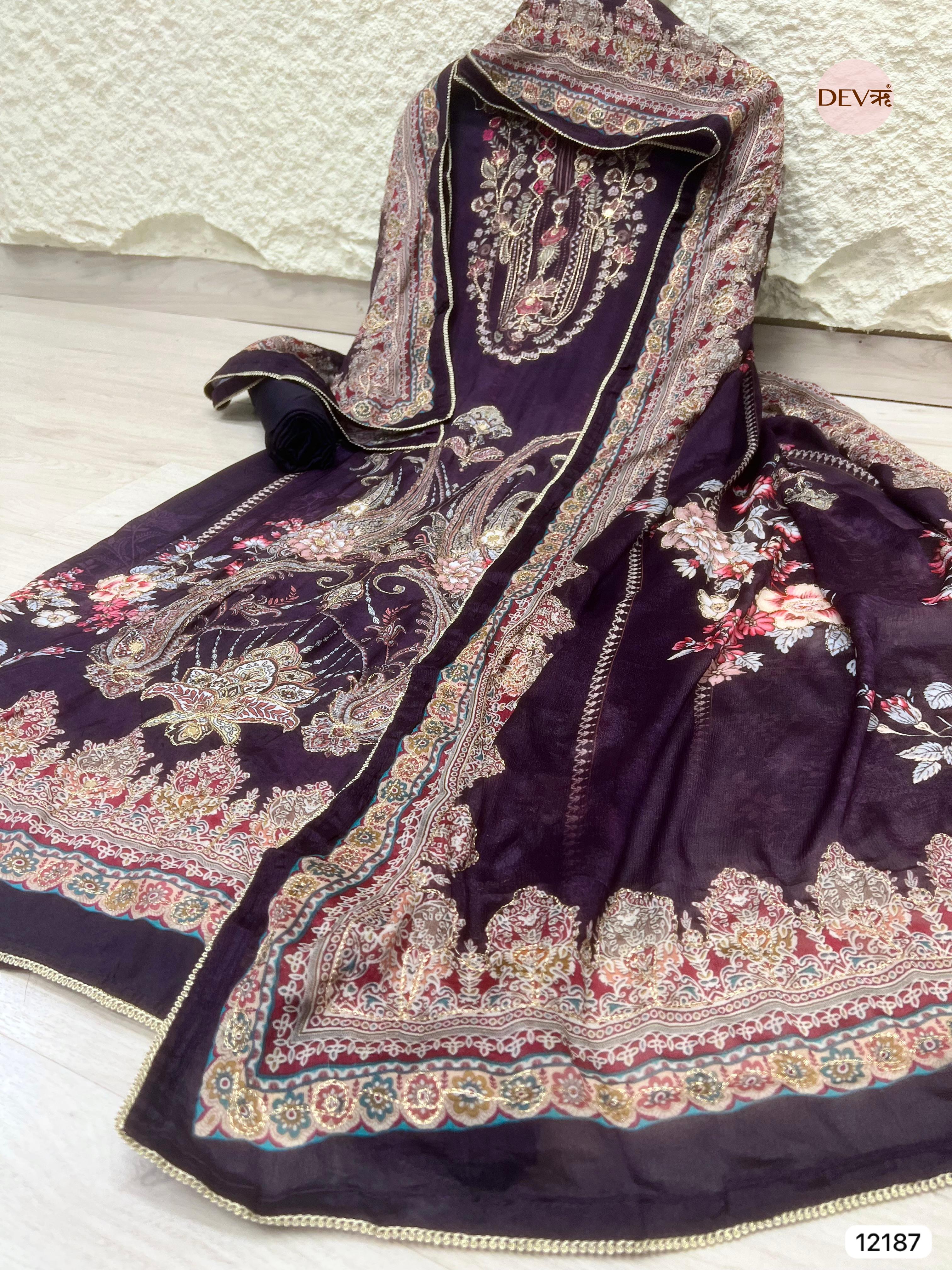 Purple Pure Muslin Unstitched Printed -Set Of 3 - {12187}