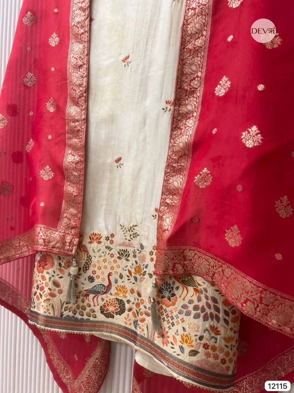 Ivory Russian Silk Embroidered Unstitched 3-Piece Suit (Devri – D.No 12115).