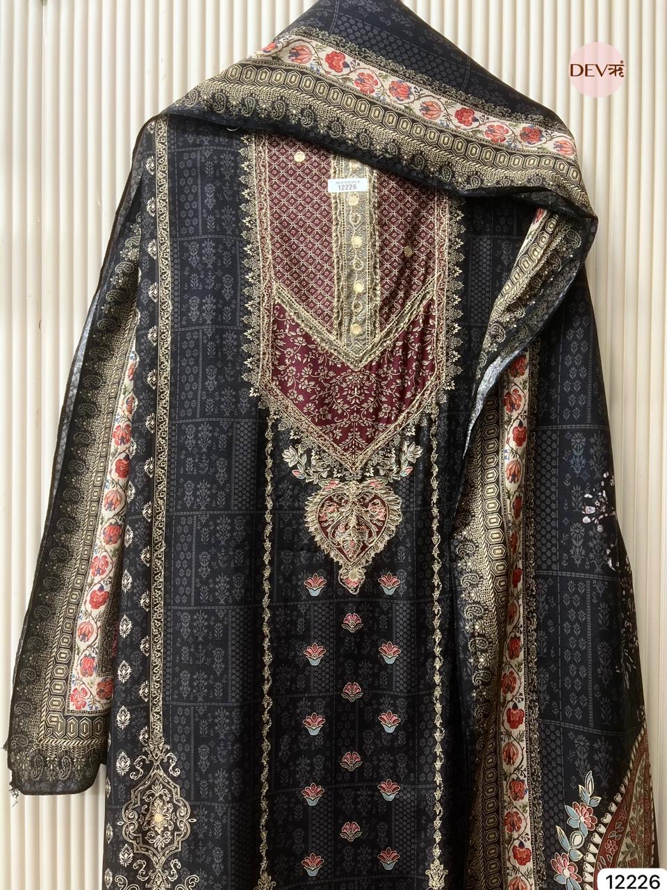 Black Pure Muslin Printed Unstitched 3-Piece Suit (Devri – D.No 12226)