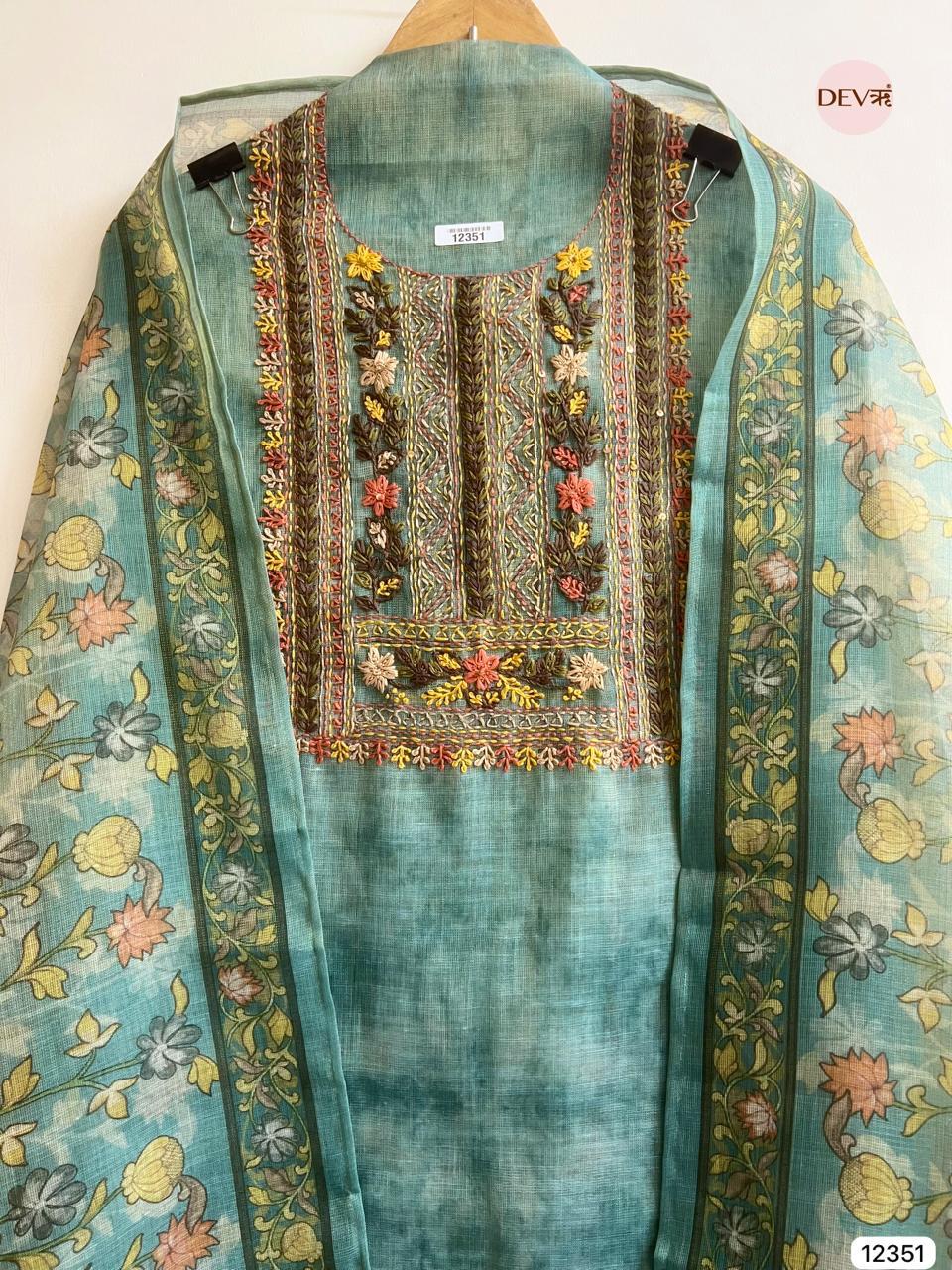 Teal Green Linen Embroidered Unstitched 3-Piece Suit (Devri – D.No 12351)