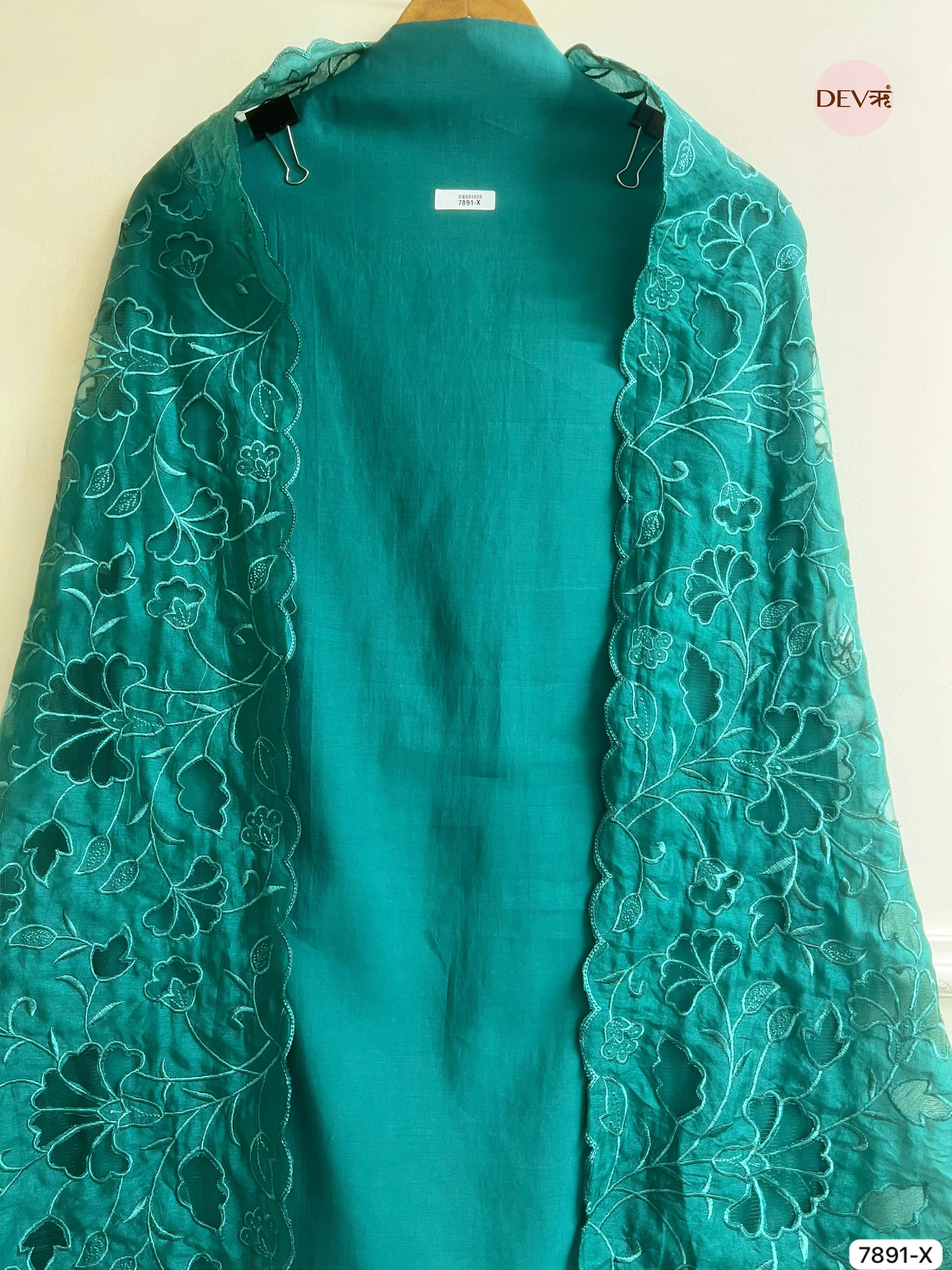 Green Modal silk unstitched Cutwork Embroidered-set of 3- {7891- X}