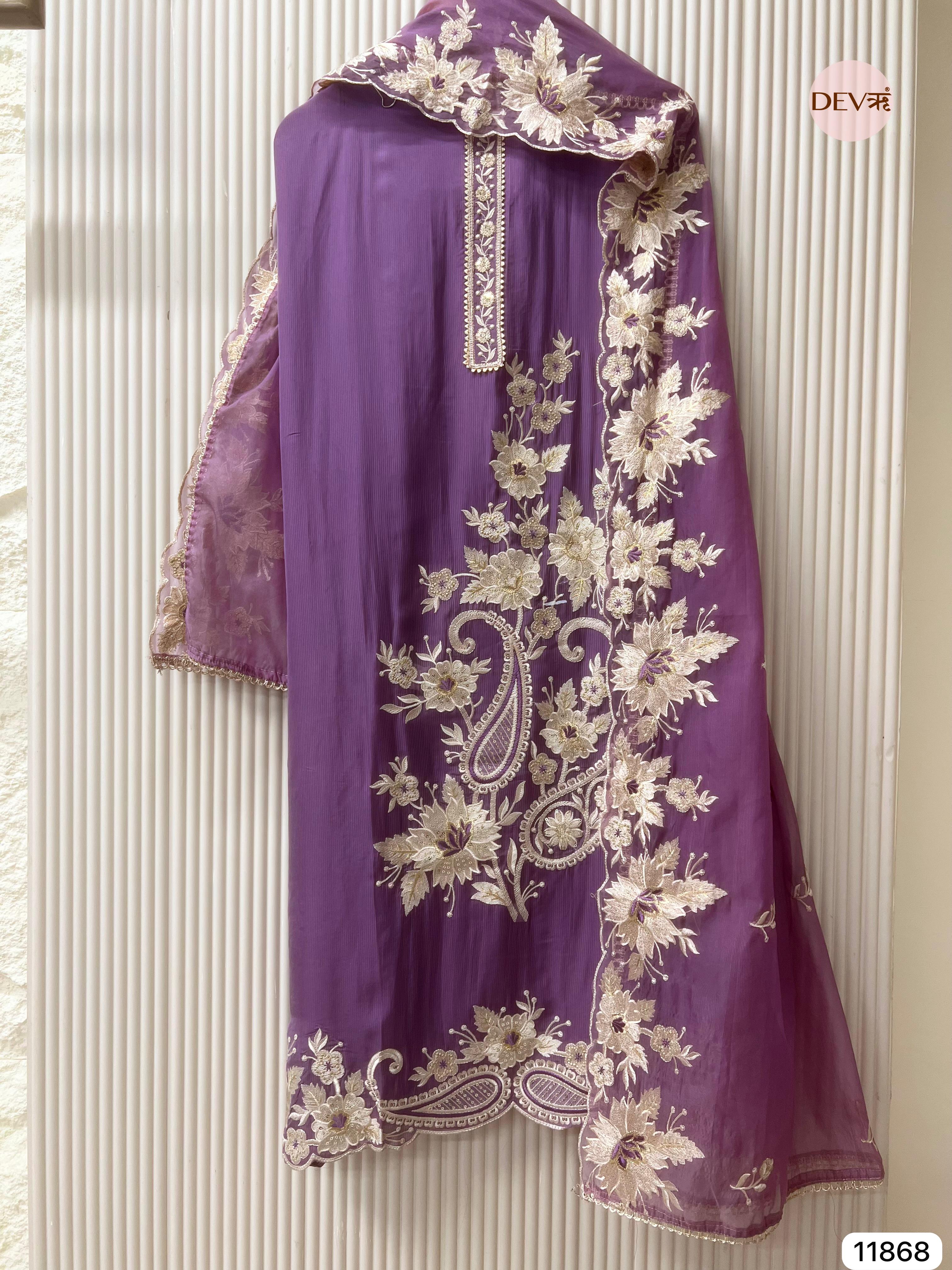 Purple Tissue silk unstitched Embroidered -Set Of 3 - {11868}