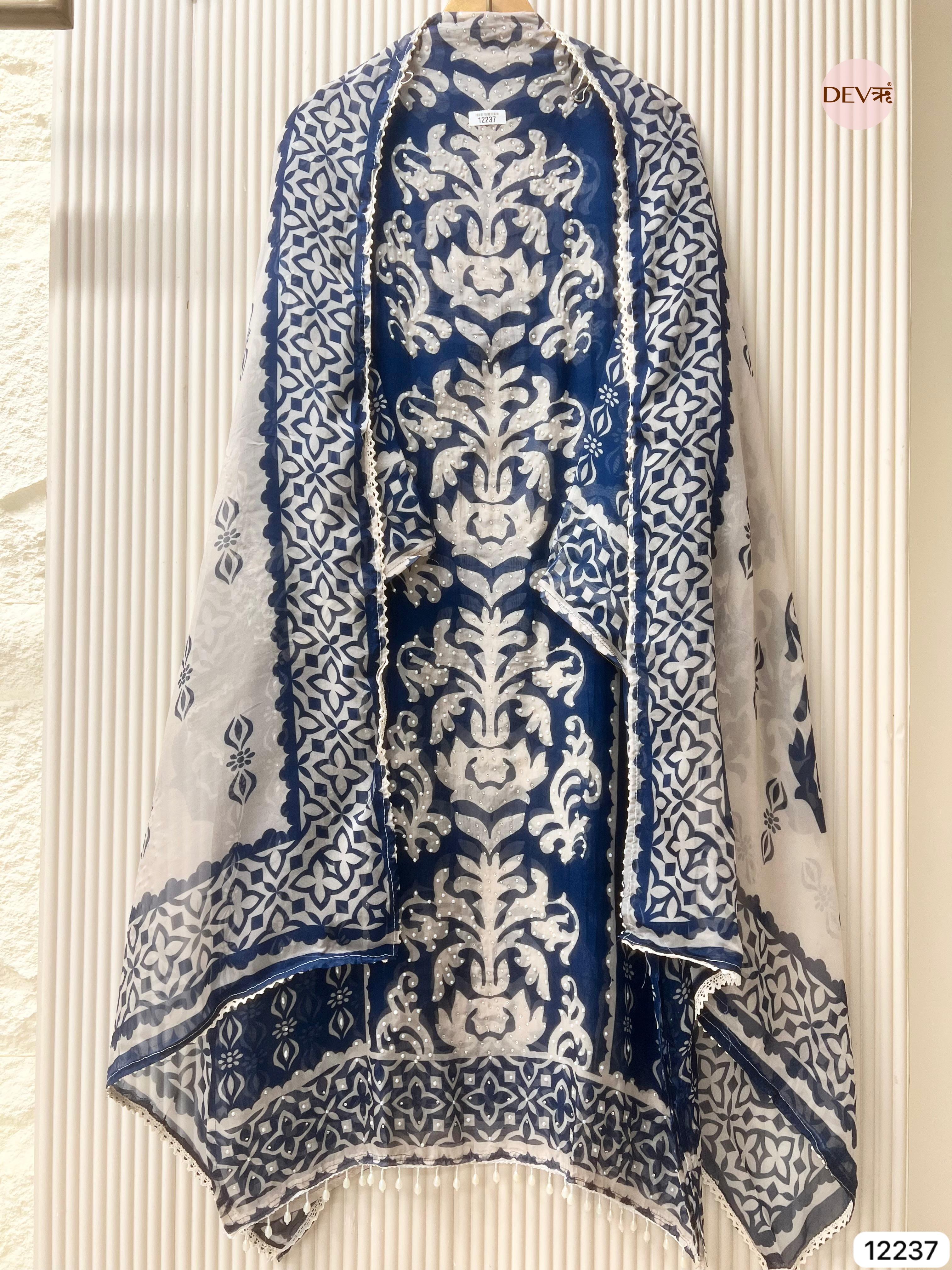 Navy Organza Printed Unstitched 3-Piece Suit (Devri – D.No 12237)