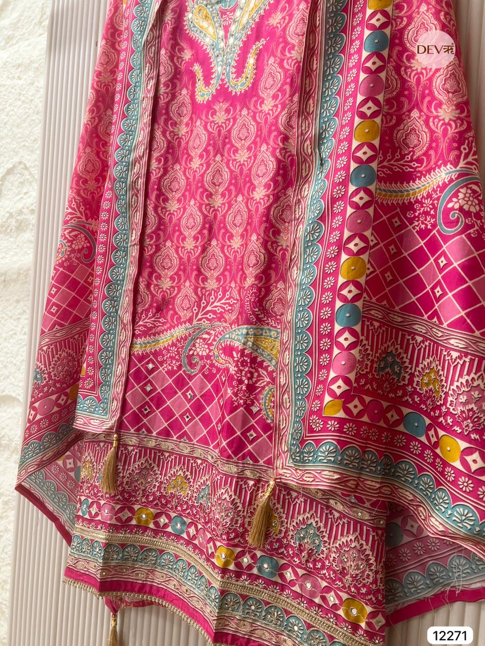 Rani Pink Russian Silk Printed Unstitched 3-Piece Suit (Devri – D.No 12271)