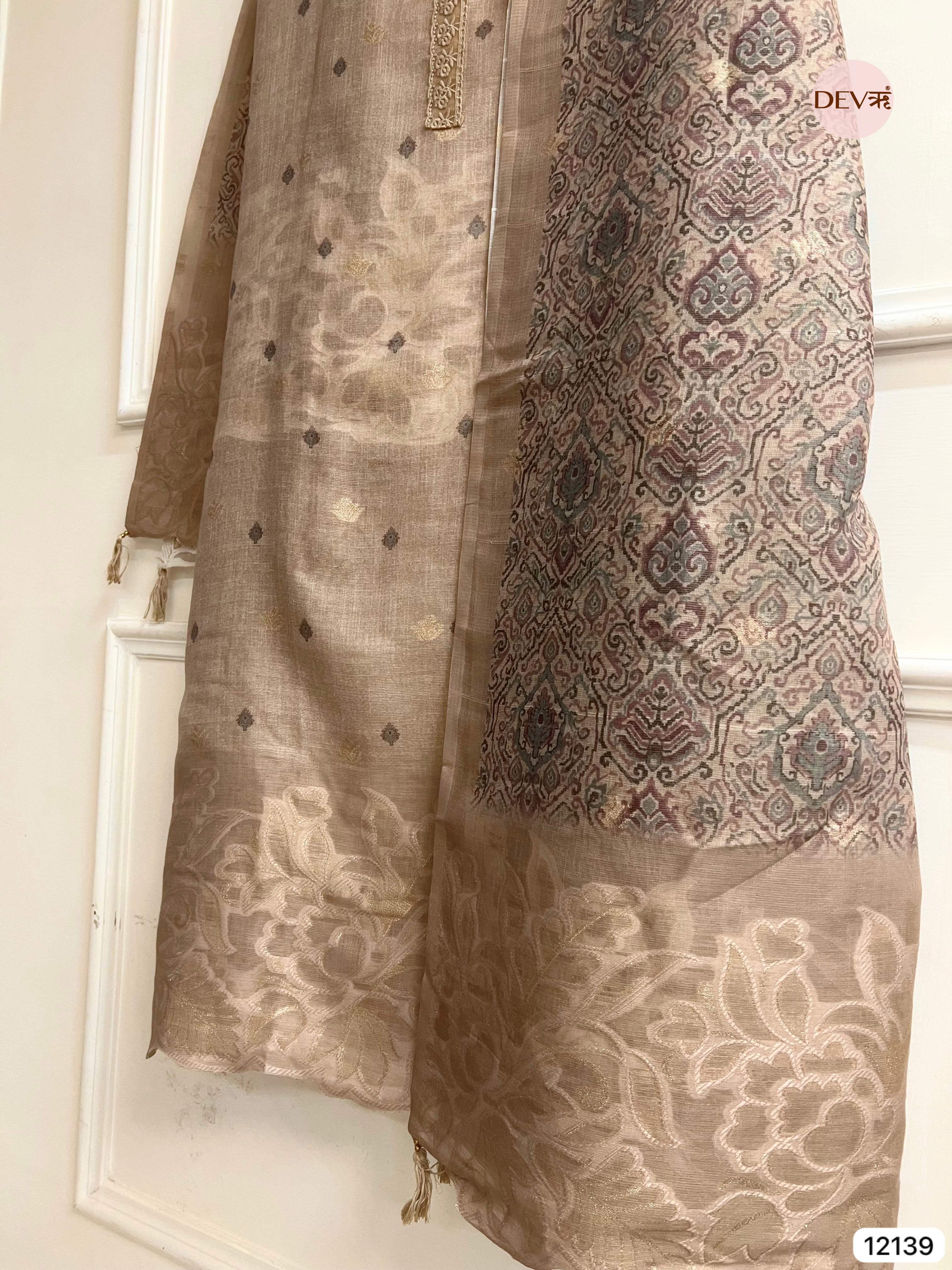 Beige Pure Jamdhani Silk Unstitched Woven Embroidered -Set Of 3 - {12139}