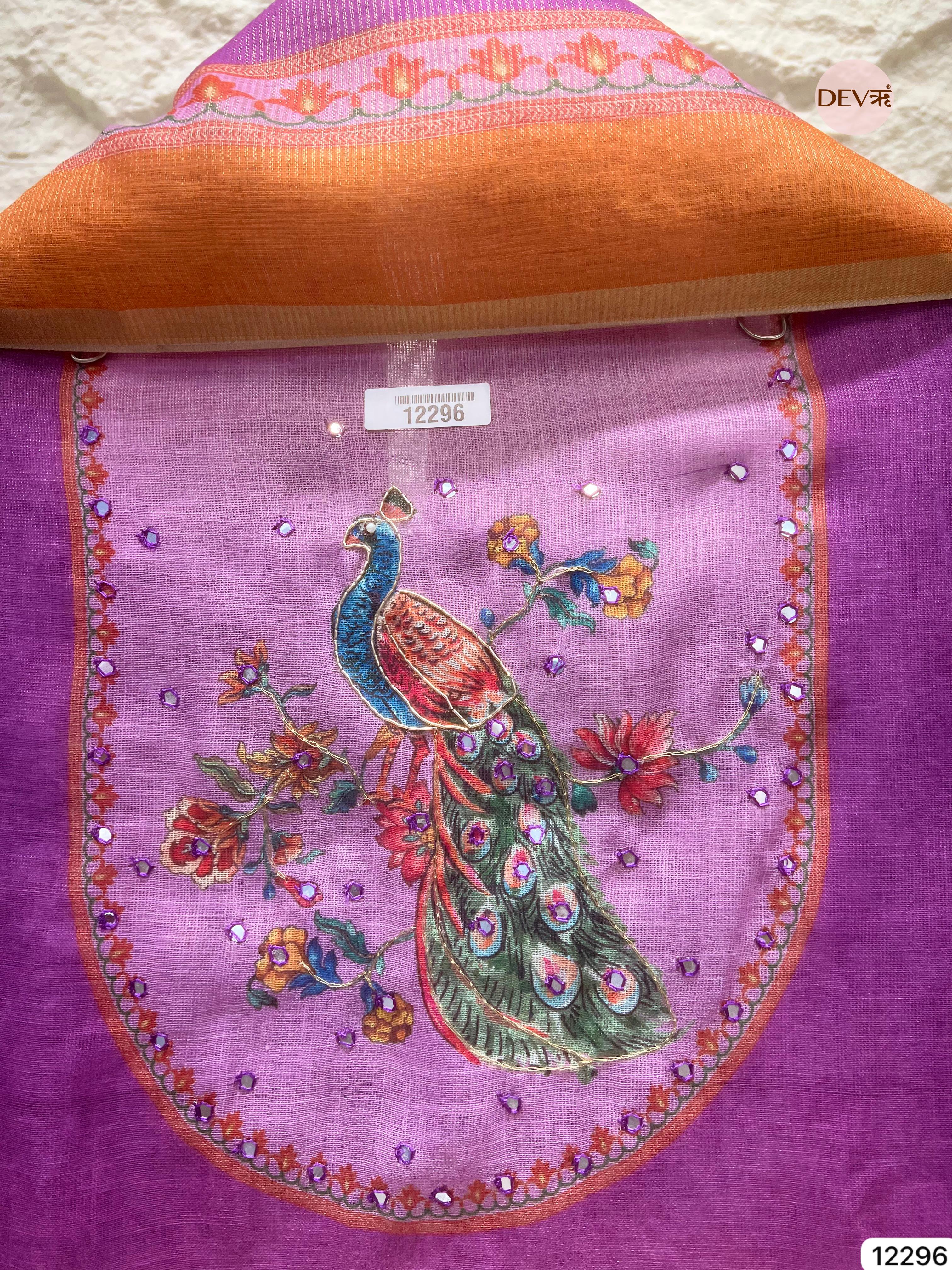 Lavender Peach Linen Printed Unstitched 3-Piece Suit (Devri – D.No 12296)
