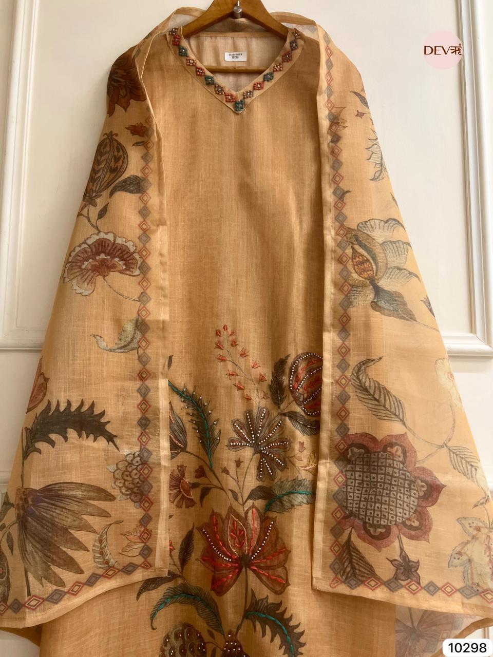 Warm Beige Linen Embroidered Unstitched 3-Piece Suit (Devri – D.No 10298)