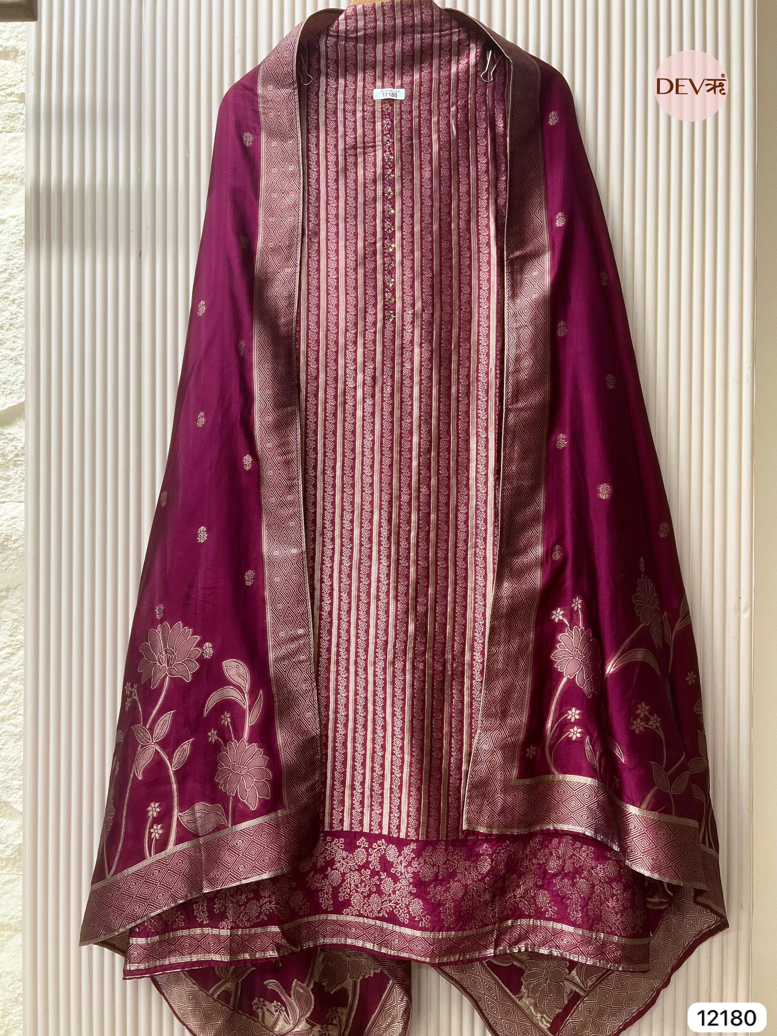 Maroon Pure Banarasi Silk Unstitched Hand Embroidered-Set of 3 - {12180}