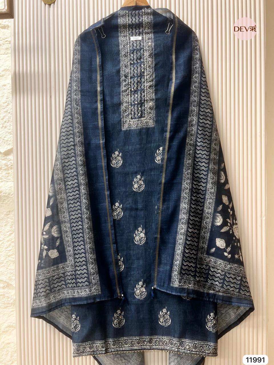 Navy Mul Chanderi Printed Unstitched 3-Piece Suit (Devri – D.No 11991)