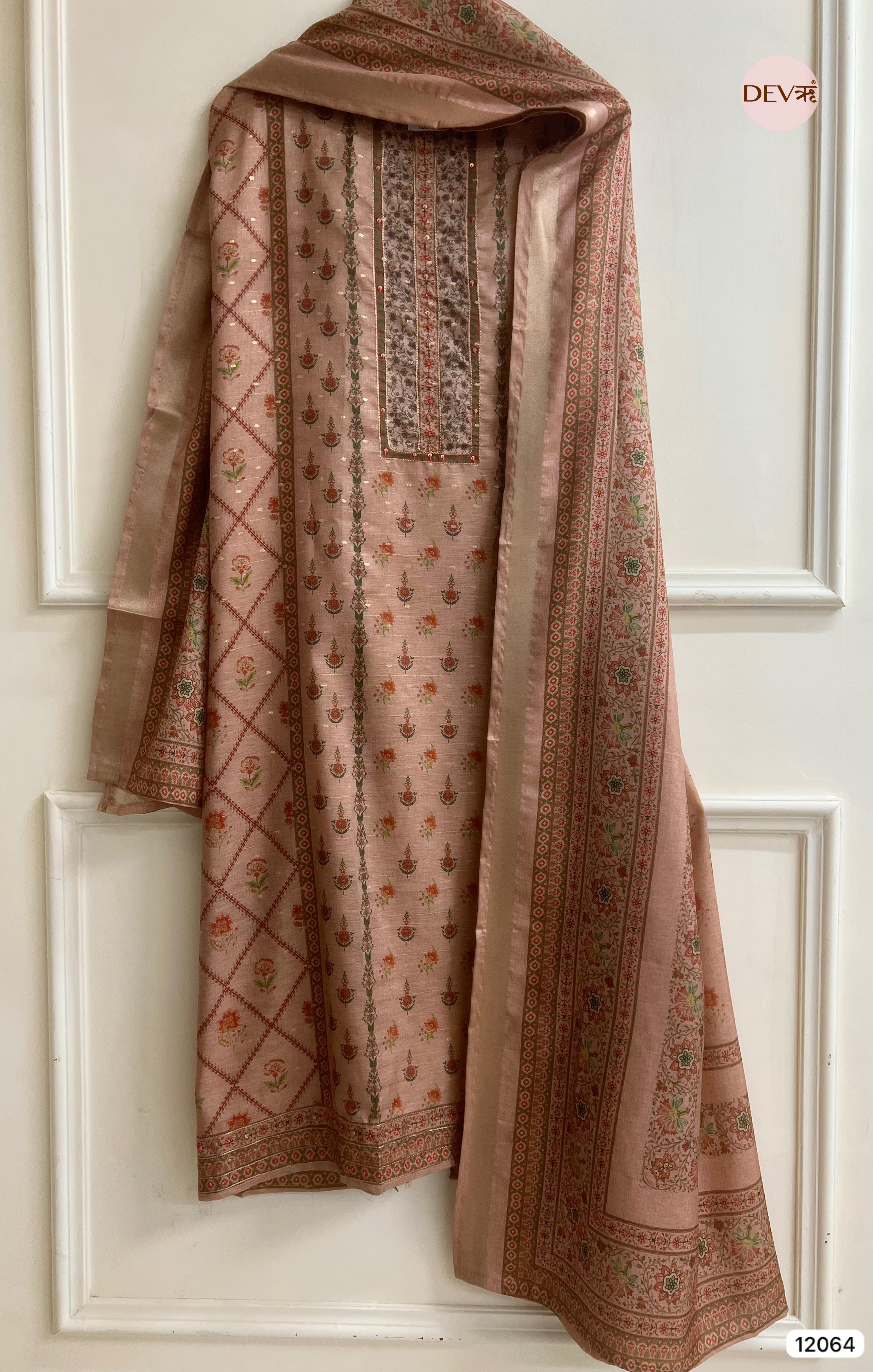 Brown Raw Handloom Silk Unstitched Designer Printed With Hand Embroidery -Set Of 3 - {12064}