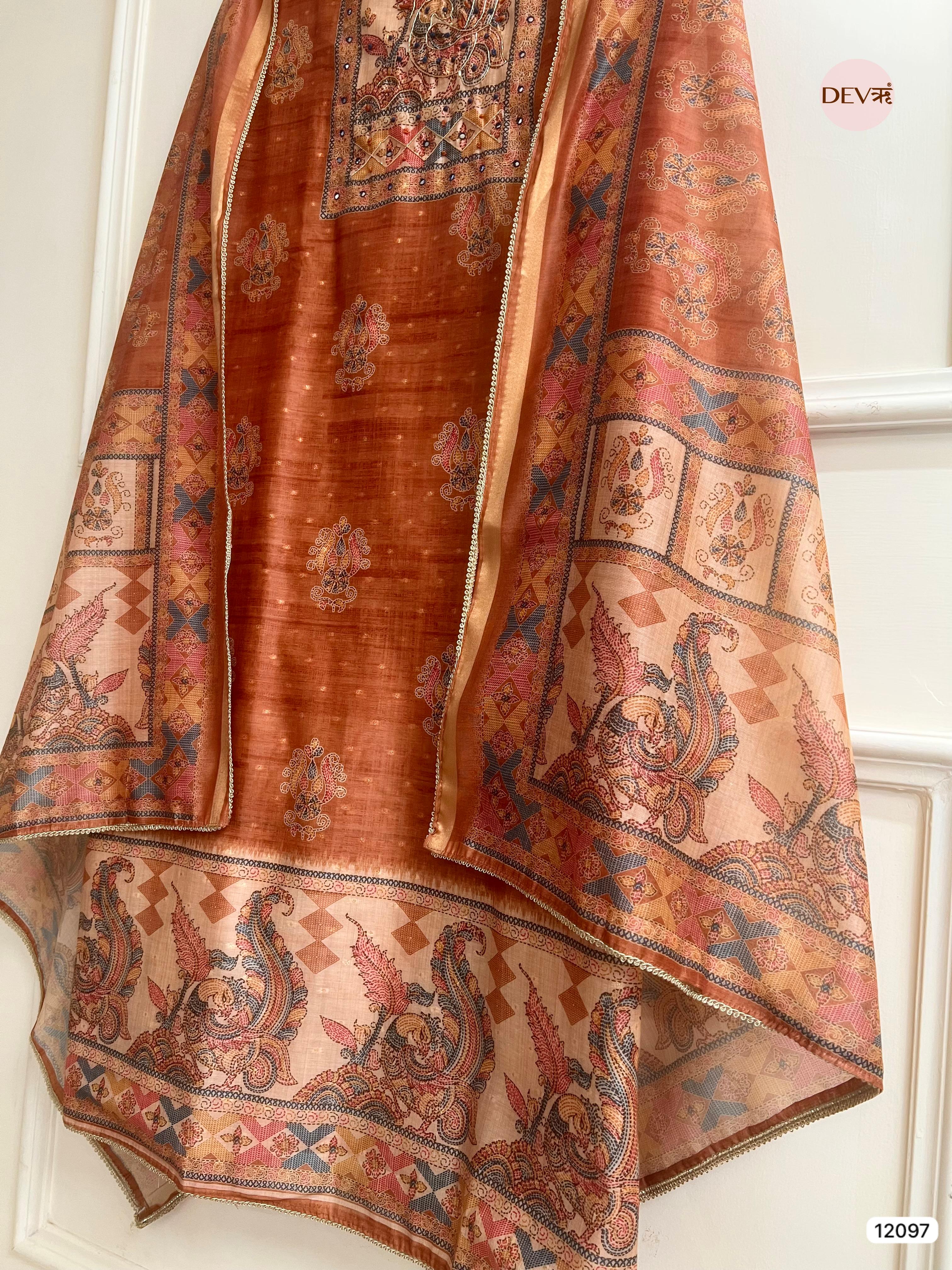 Rust Tisser Khadi Silk Printed Unstitched Hand Embroidered -Set Of 3 - {12097}