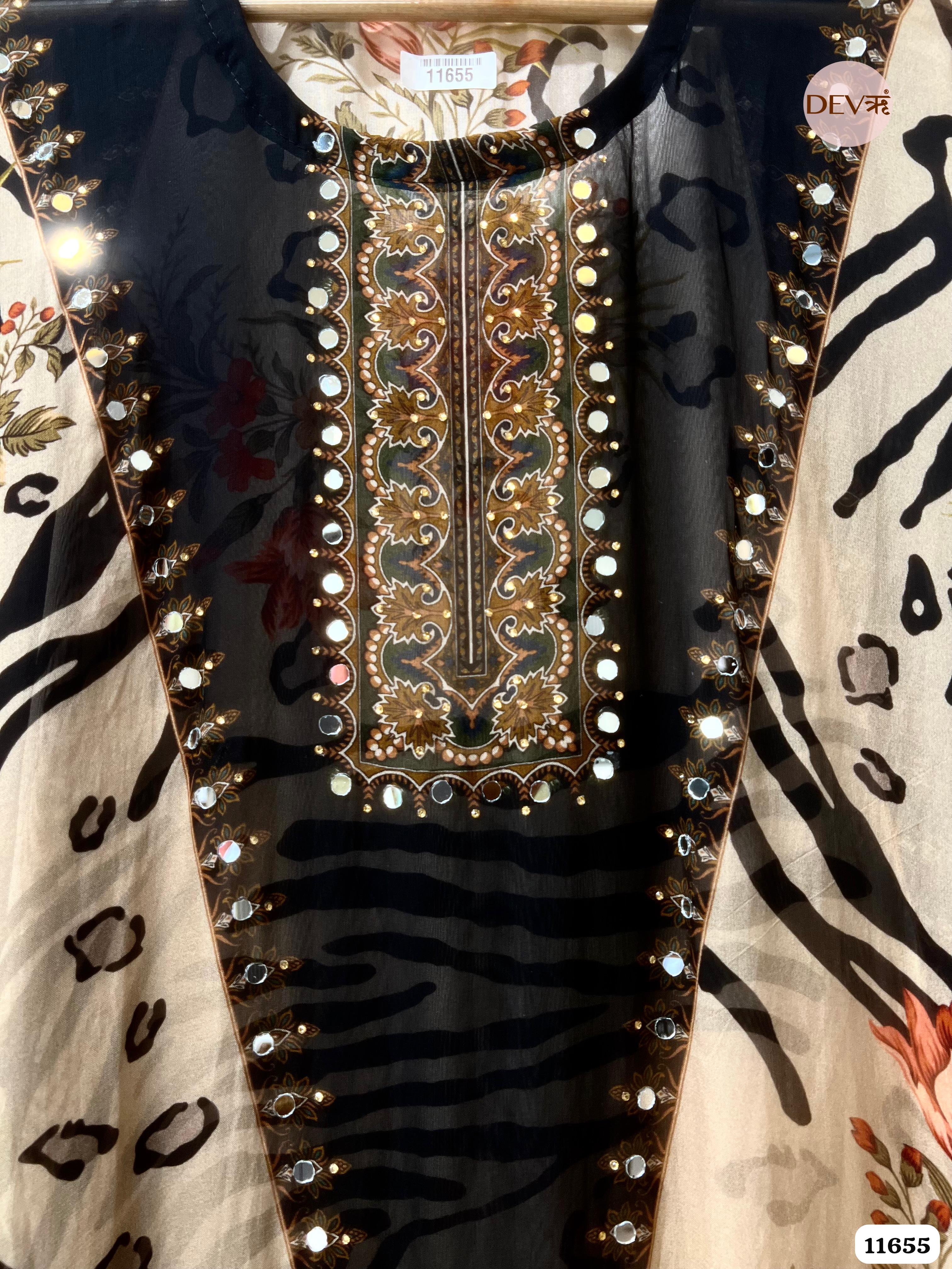 Beige Organza Printed Semi Stitched Hand Embroidered -Set Of 3 {11655}