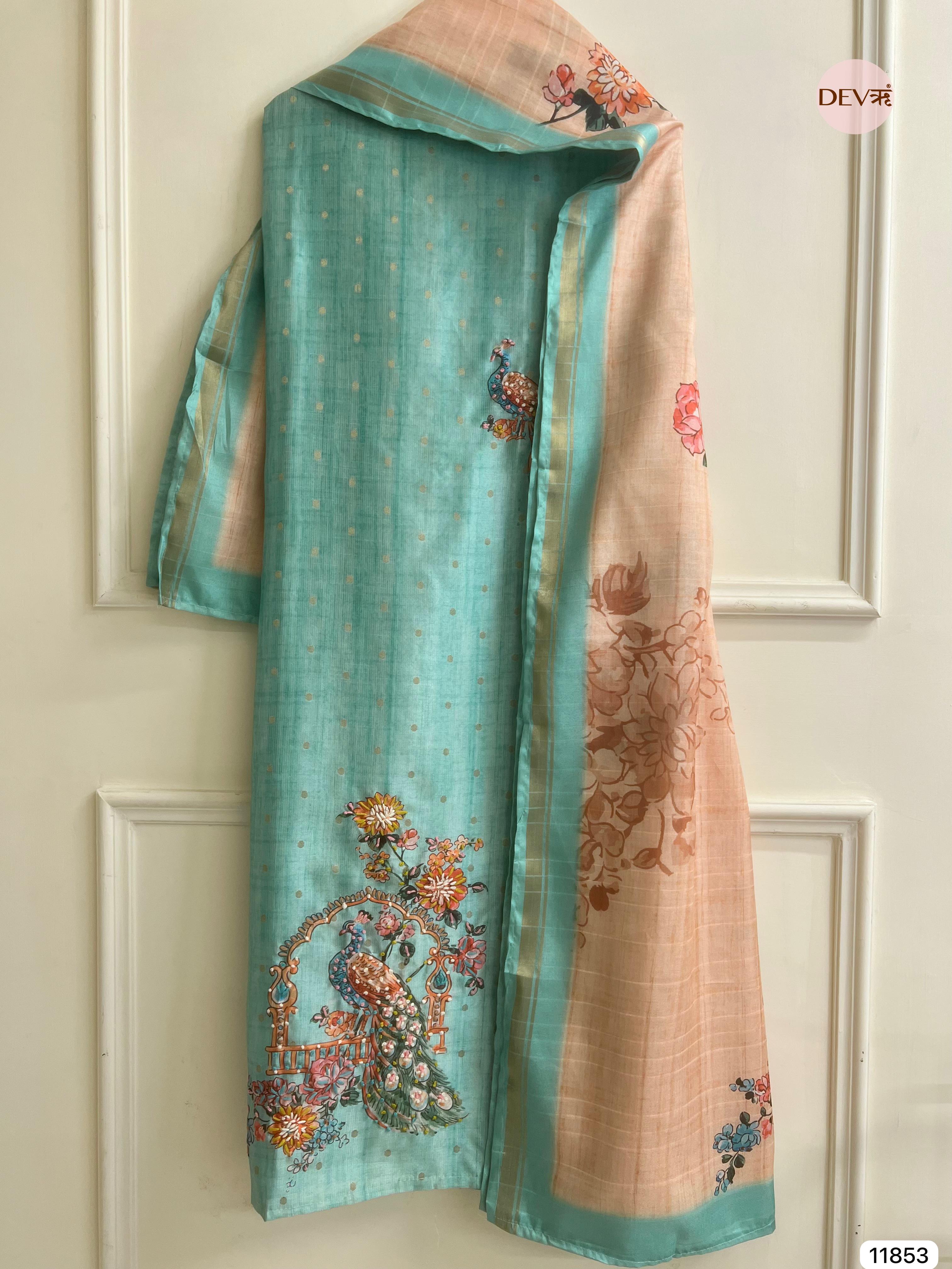 Light Blue Tusser Silk Unstitched Printed Hand Embroidered -Set Of 3- {11853}