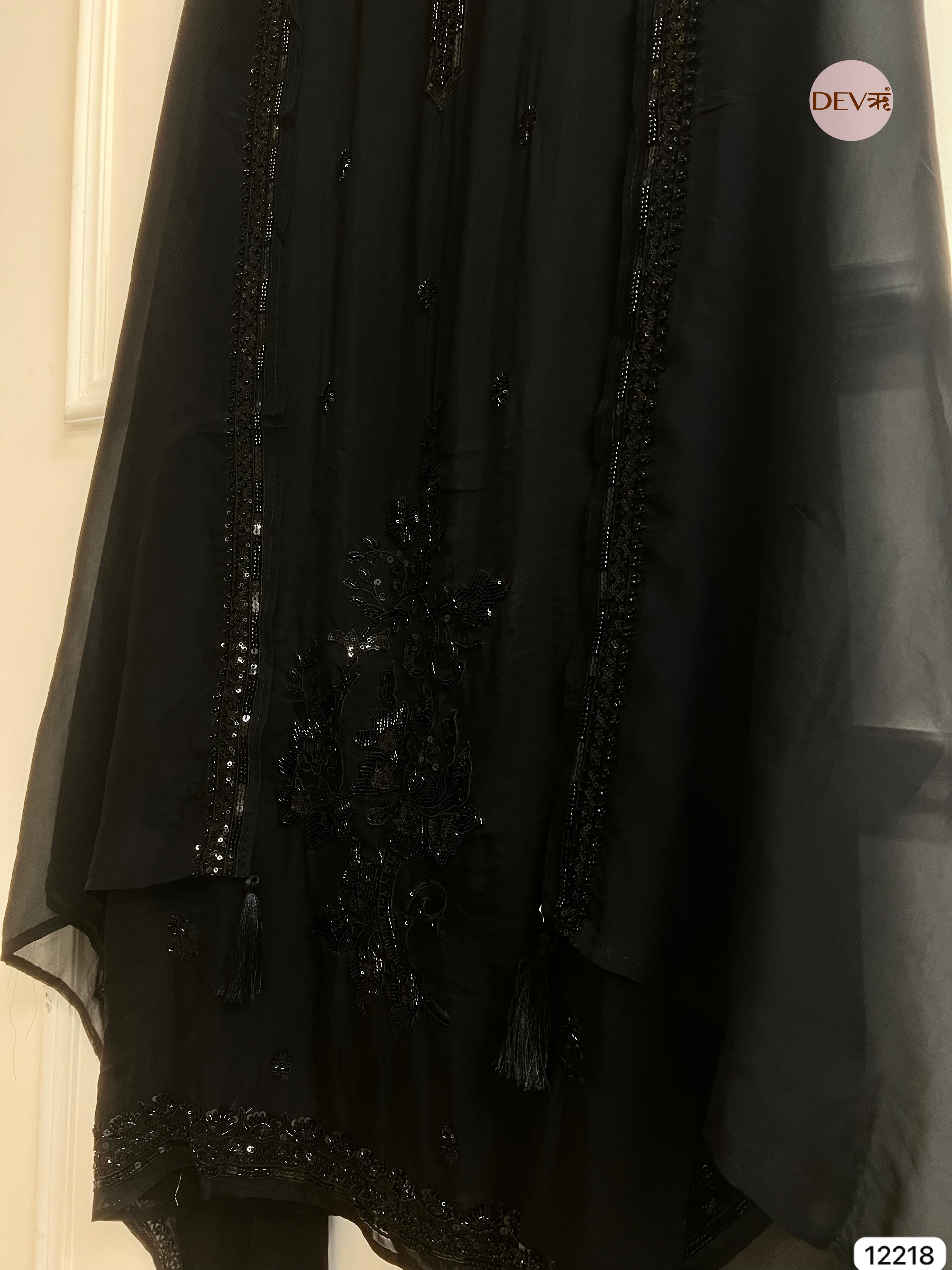 Black Organza Hand-Embroidered Unstitched 3-Piece Suit (Devri – D.No 12218)