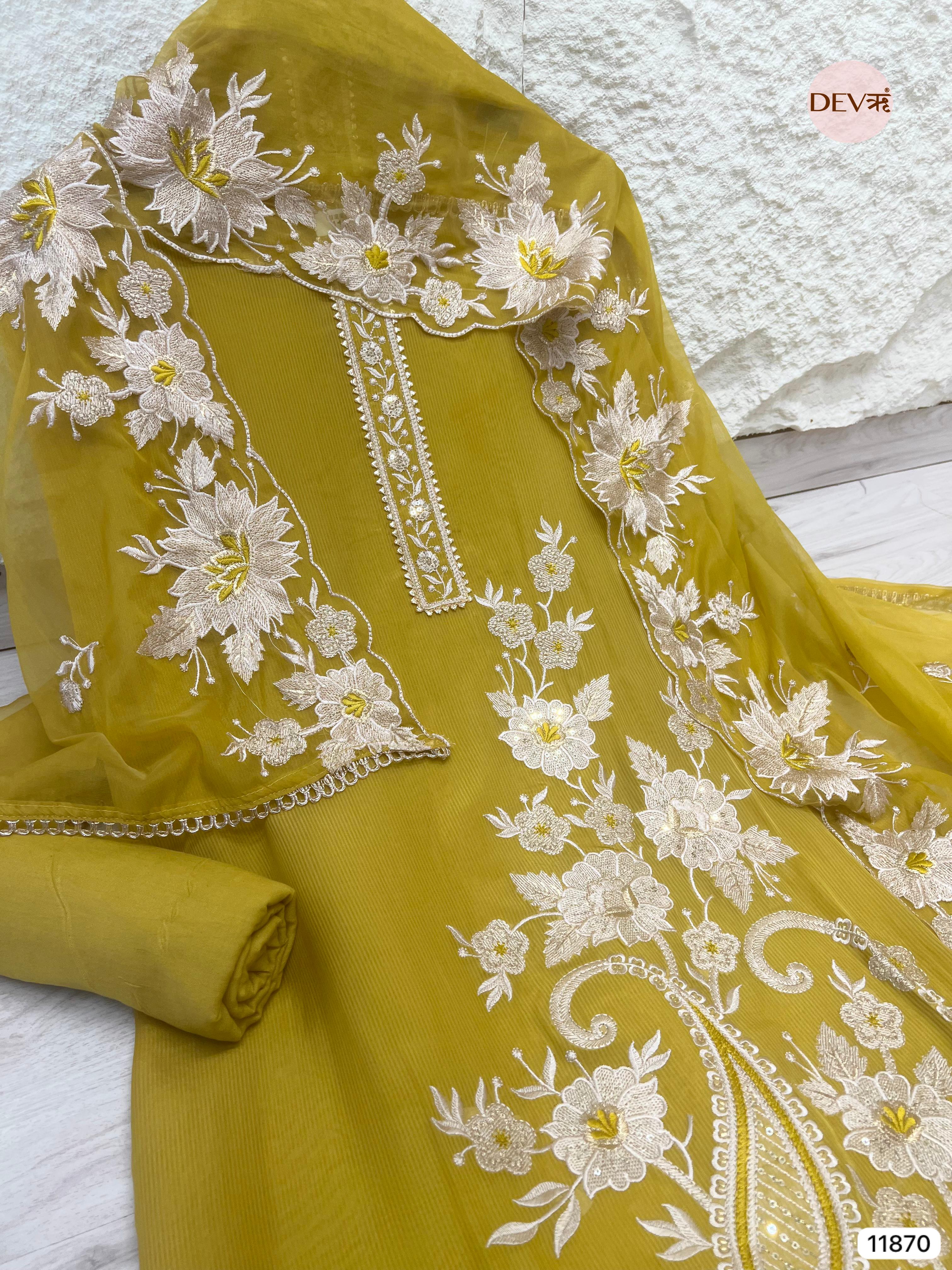 Yellow Tissue Silk Unstitched Embroidered -Set Of 3- {11870}